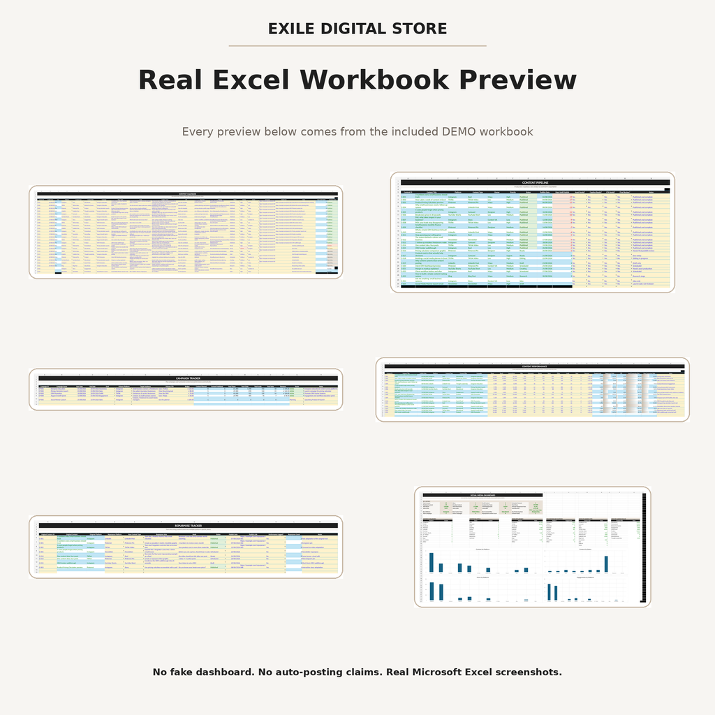 Real Microsoft Excel workbook preview of the Social Media Content Planner