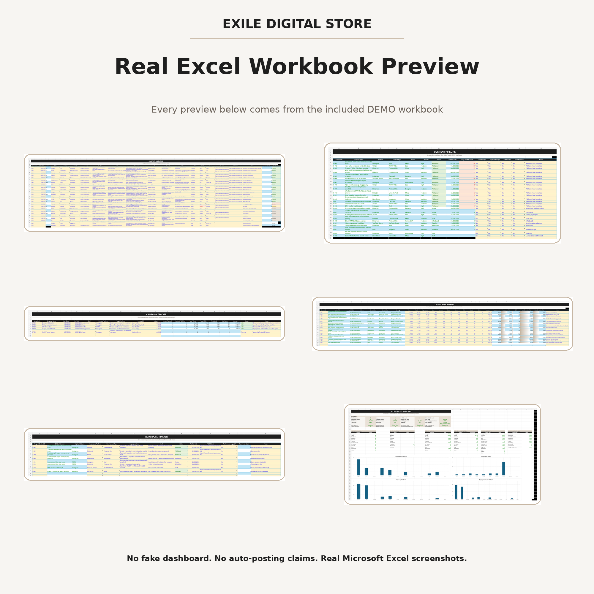 Real Microsoft Excel workbook preview of the Social Media Content Planner