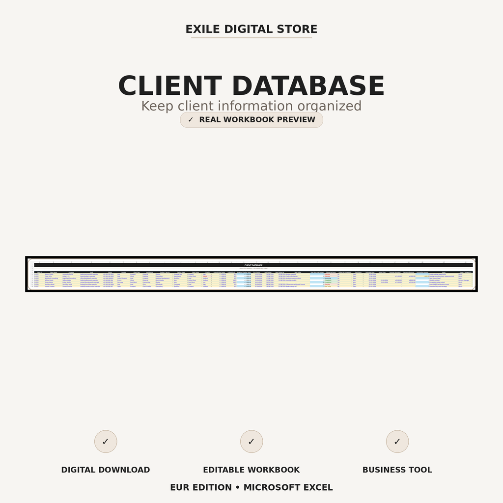 Small Business CRM client database workbook preview in Microsoft Excel