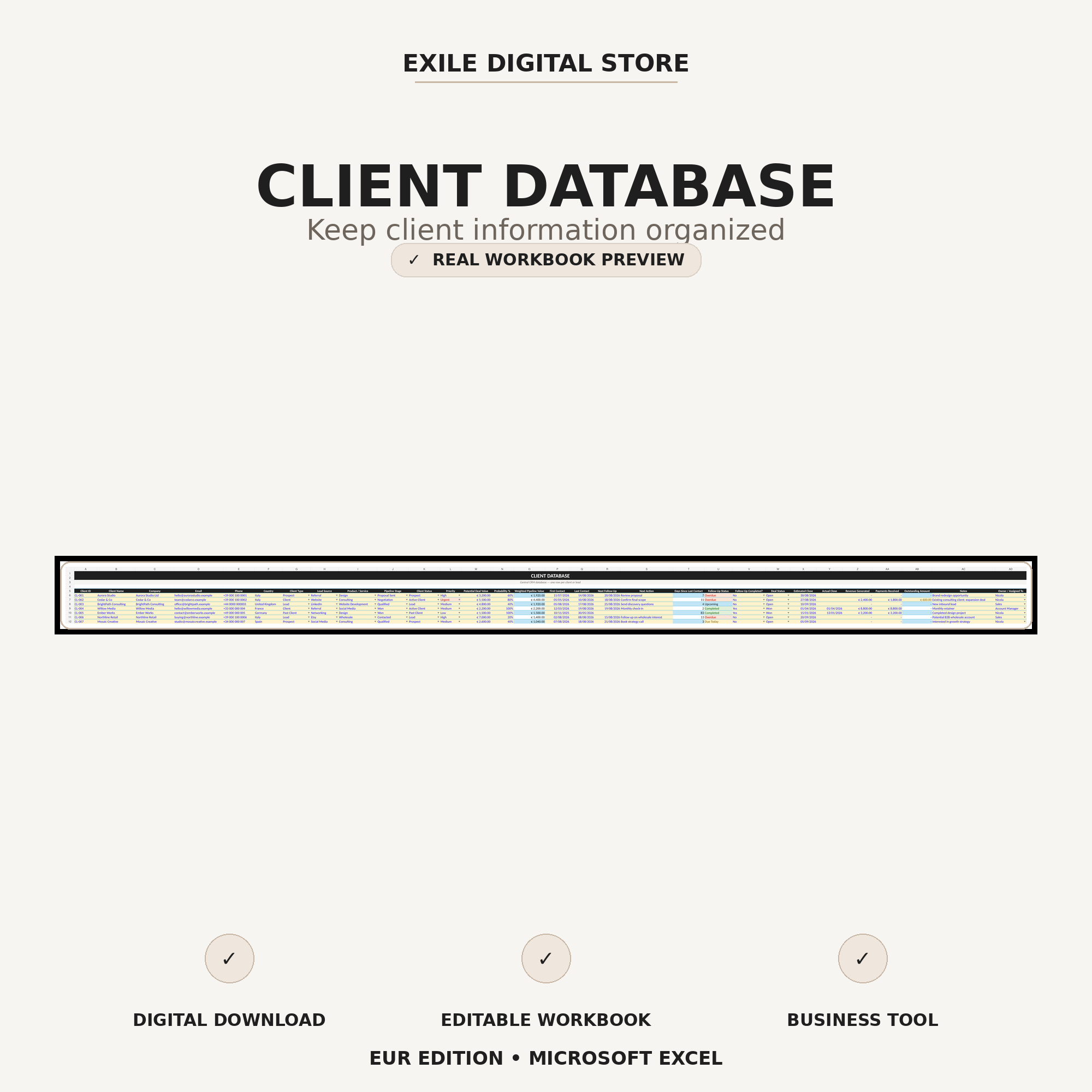 Small Business CRM client database workbook preview in Microsoft Excel