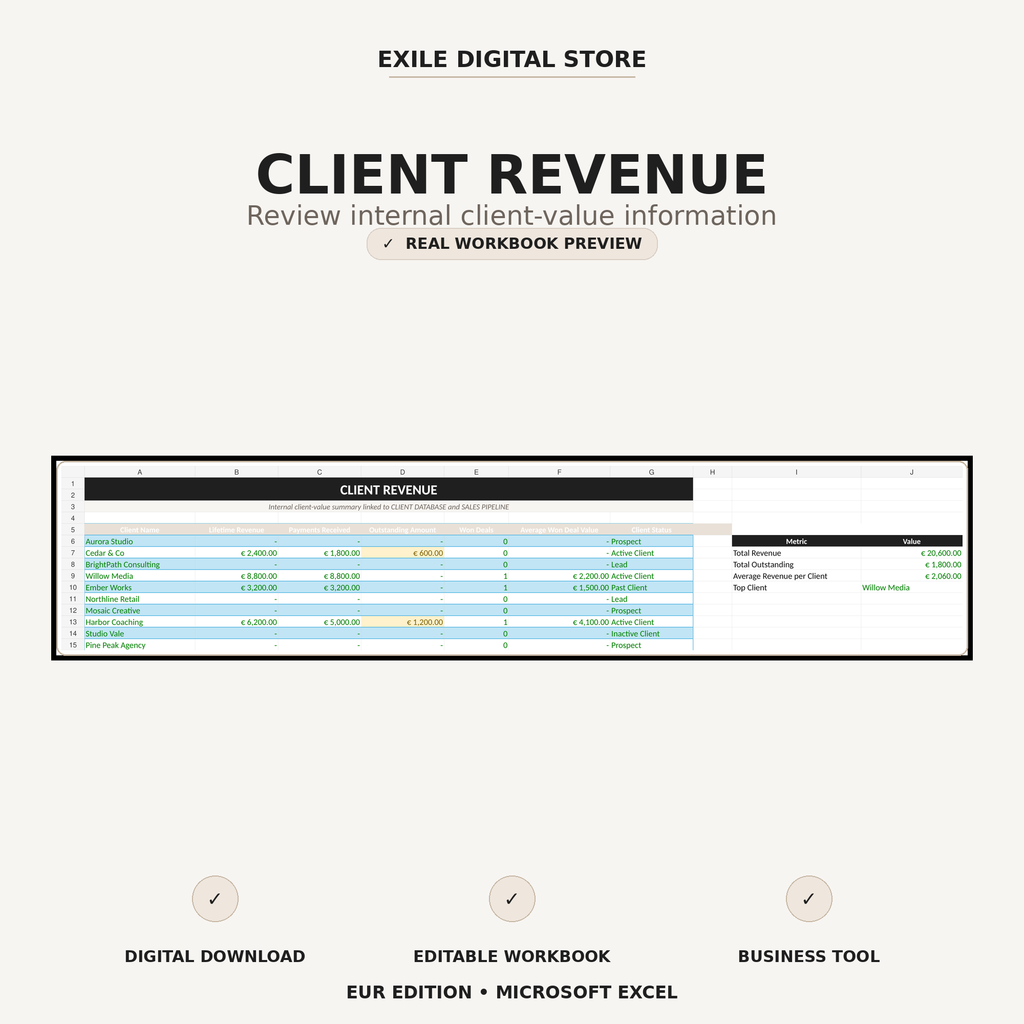 Small Business CRM client revenue overview in Microsoft Excel