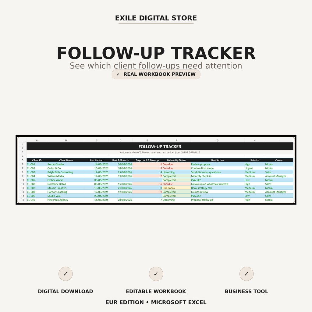 Small Business CRM follow-up tracker workbook preview