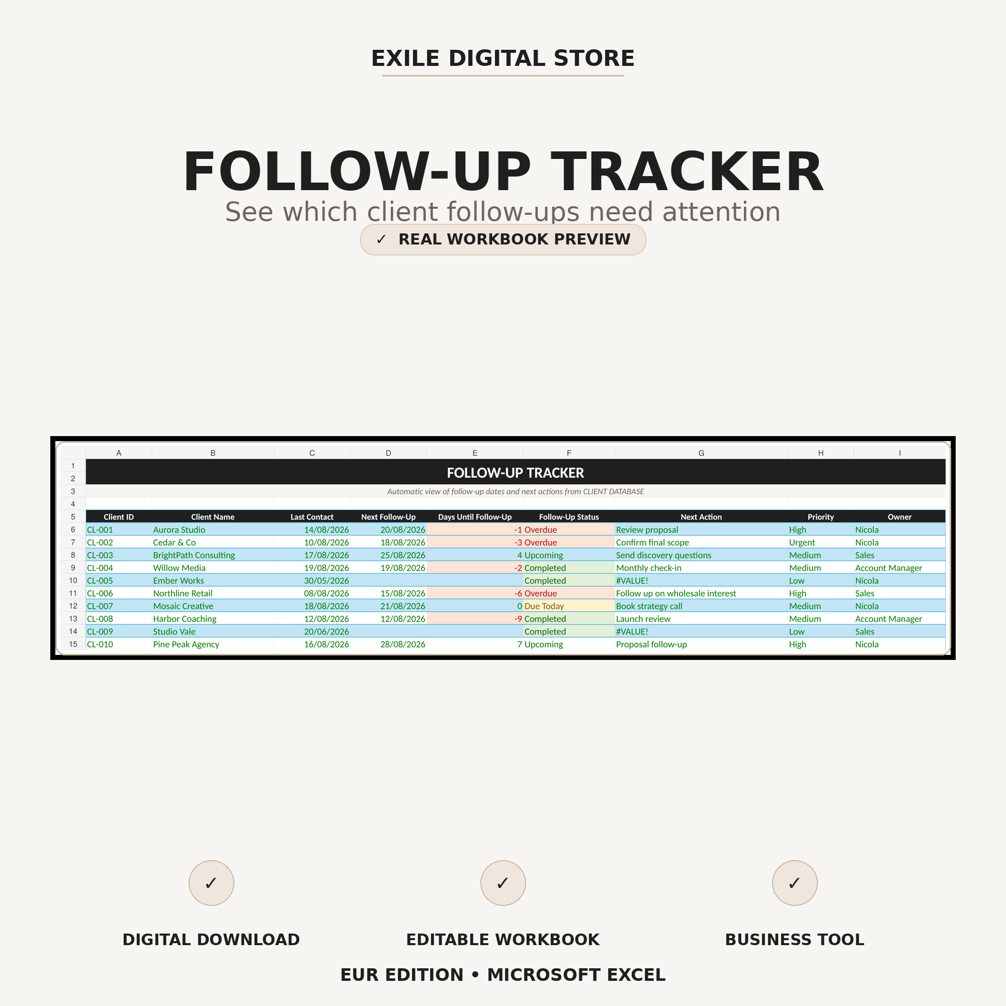 Small Business CRM follow-up tracker workbook preview