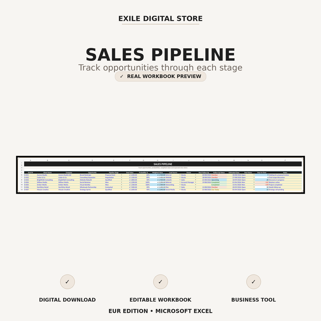 Small Business CRM sales pipeline with deal stages values and follow-up status