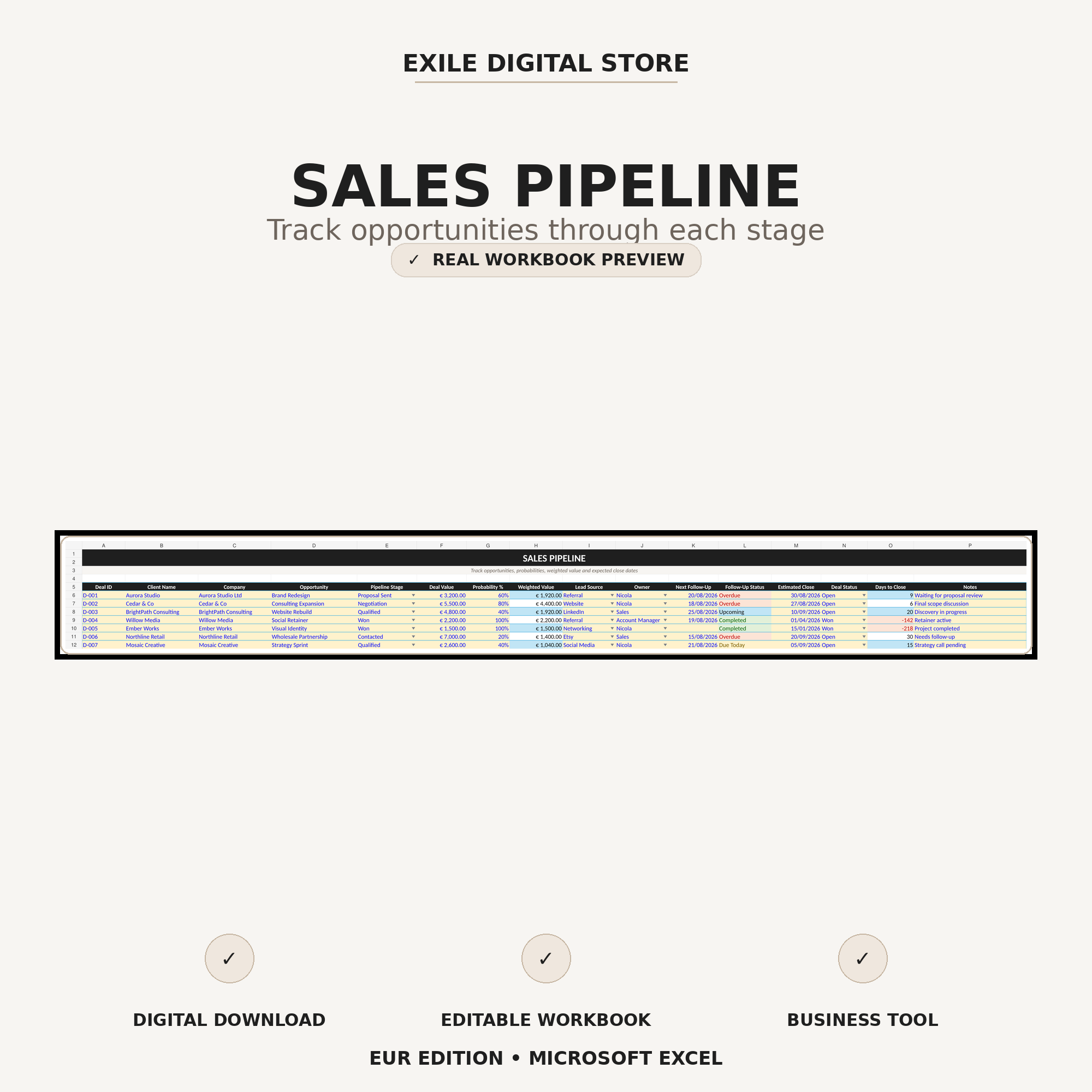 Small Business CRM sales pipeline with deal stages values and follow-up status