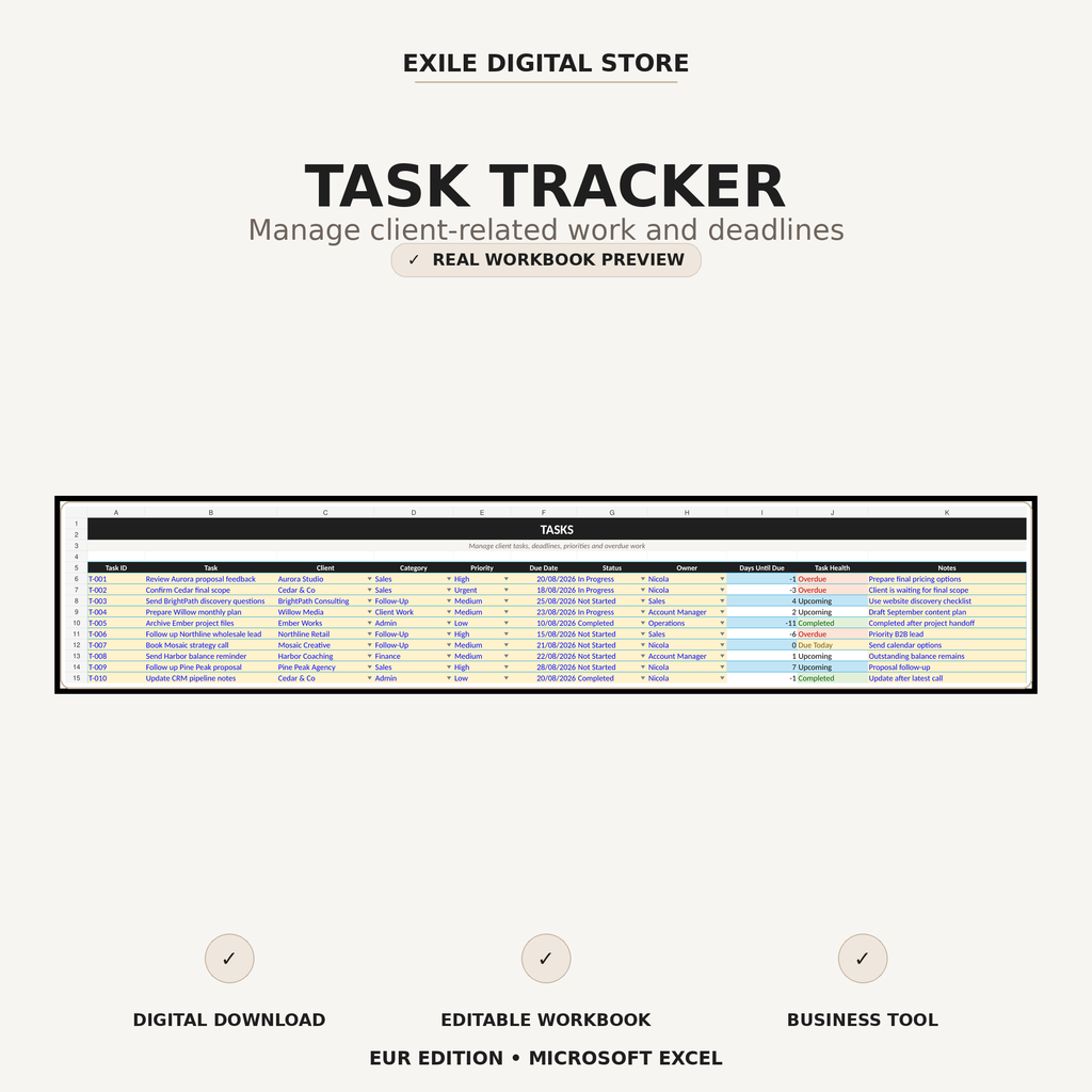 Small Business CRM task tracker with priorities due dates and status