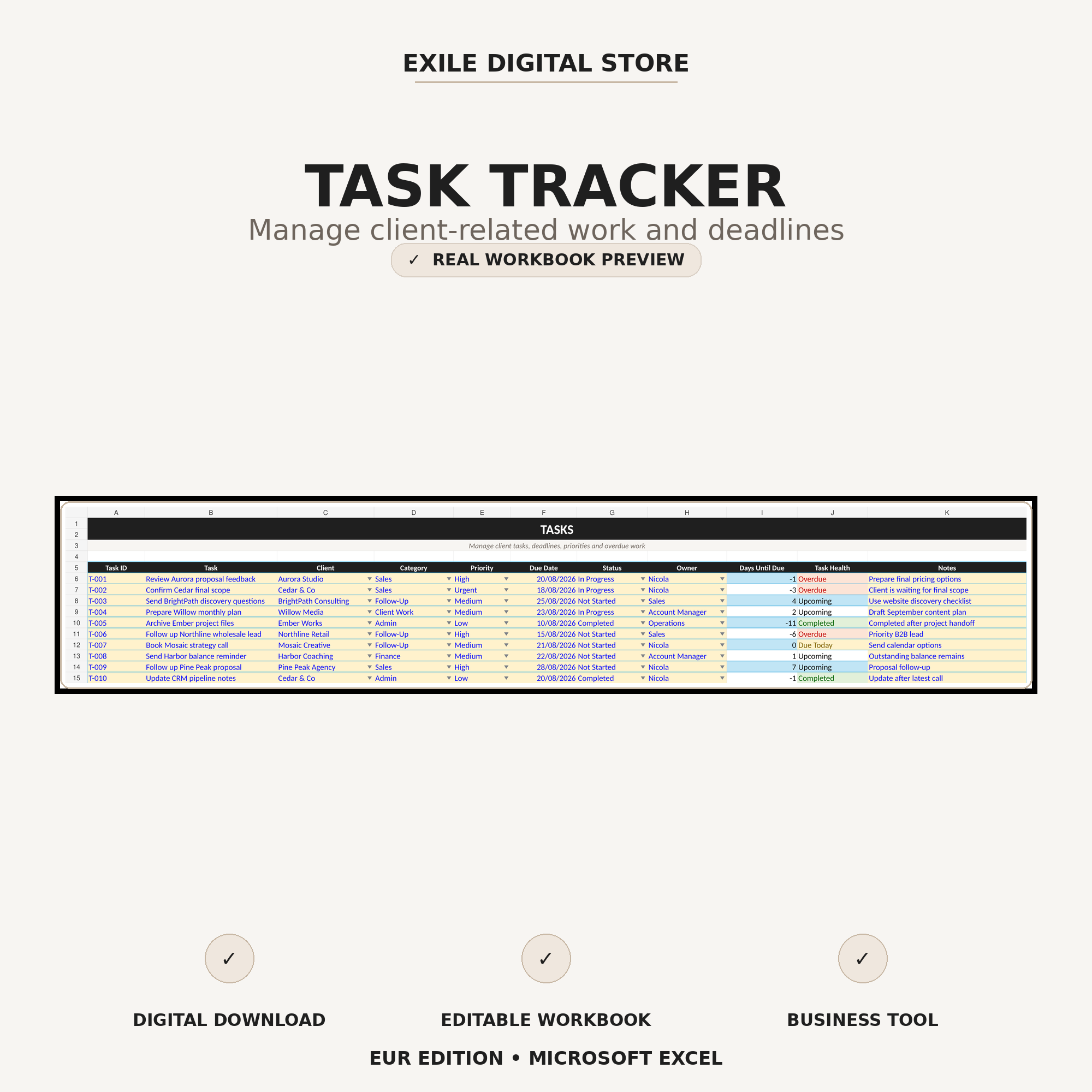 Small Business CRM task tracker with priorities due dates and status