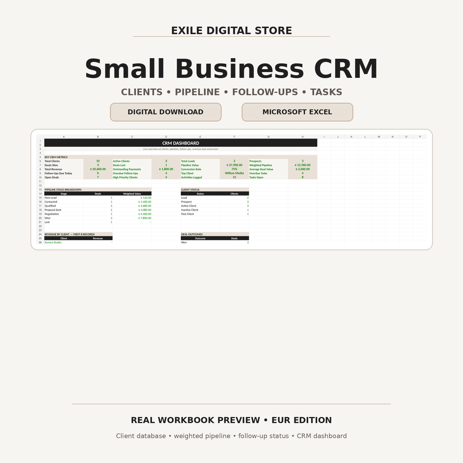 EXILE Small Business CRM with real Microsoft Excel CRM dashboard preview