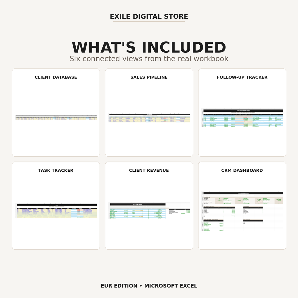 Small Business CRM workbook sheets overview with client pipeline follow-up tasks revenue and dashboard