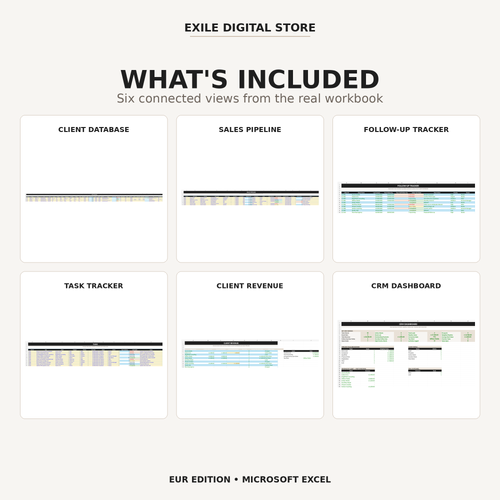 Small Business CRM workbook sheets overview with client pipeline follow-up tasks revenue and dashboard