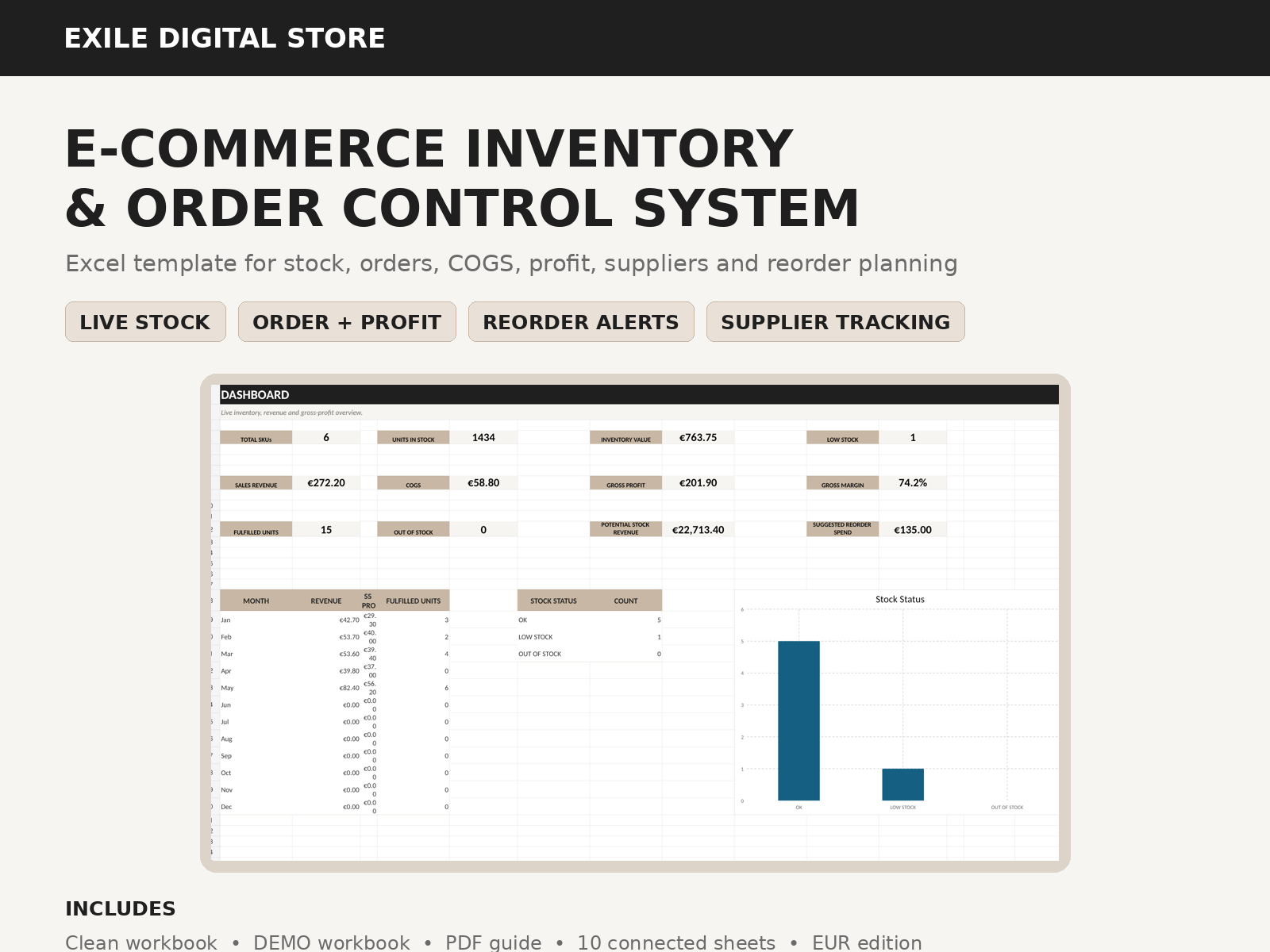EXILE Digital Store E-Commerce Inventory and Order Control System Excel template