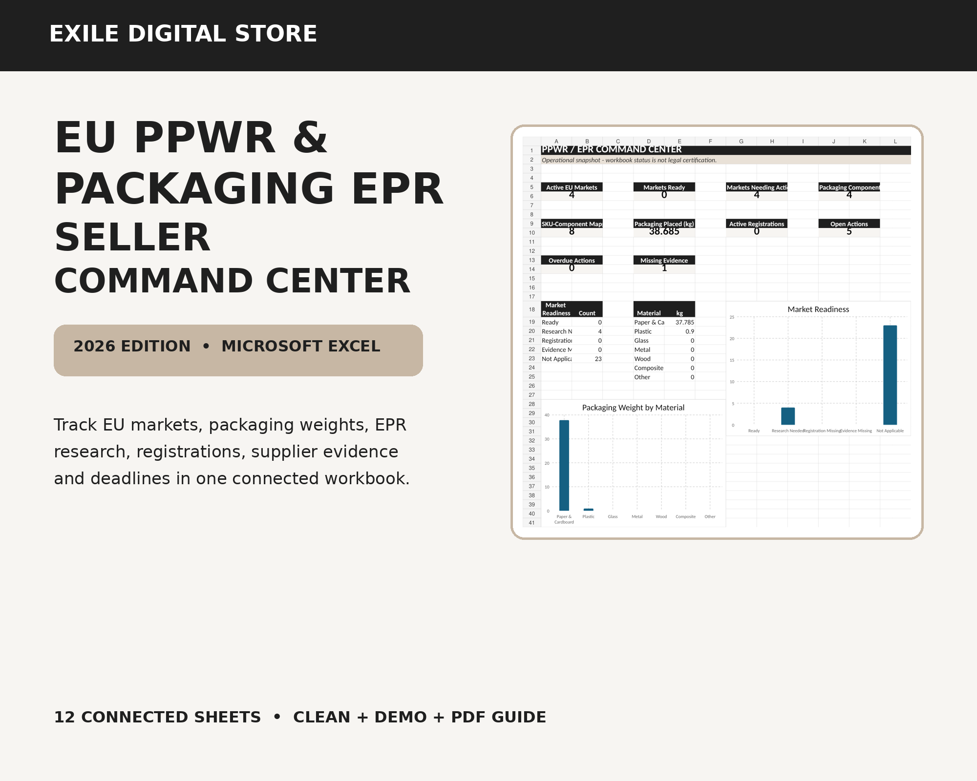 EXILE EU PPWR and Packaging EPR Seller Command Center 2026 Excel template