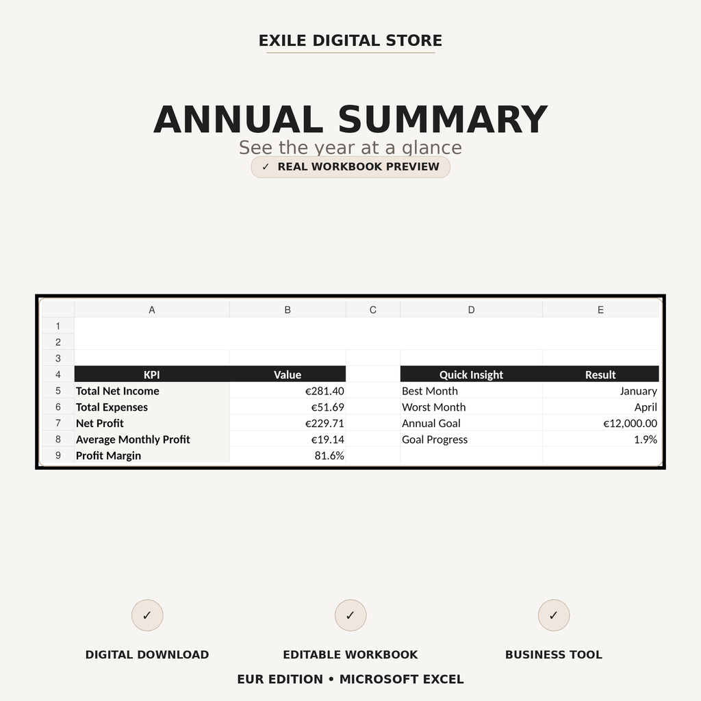 Small Business Finance Tracker annual summary workbook preview