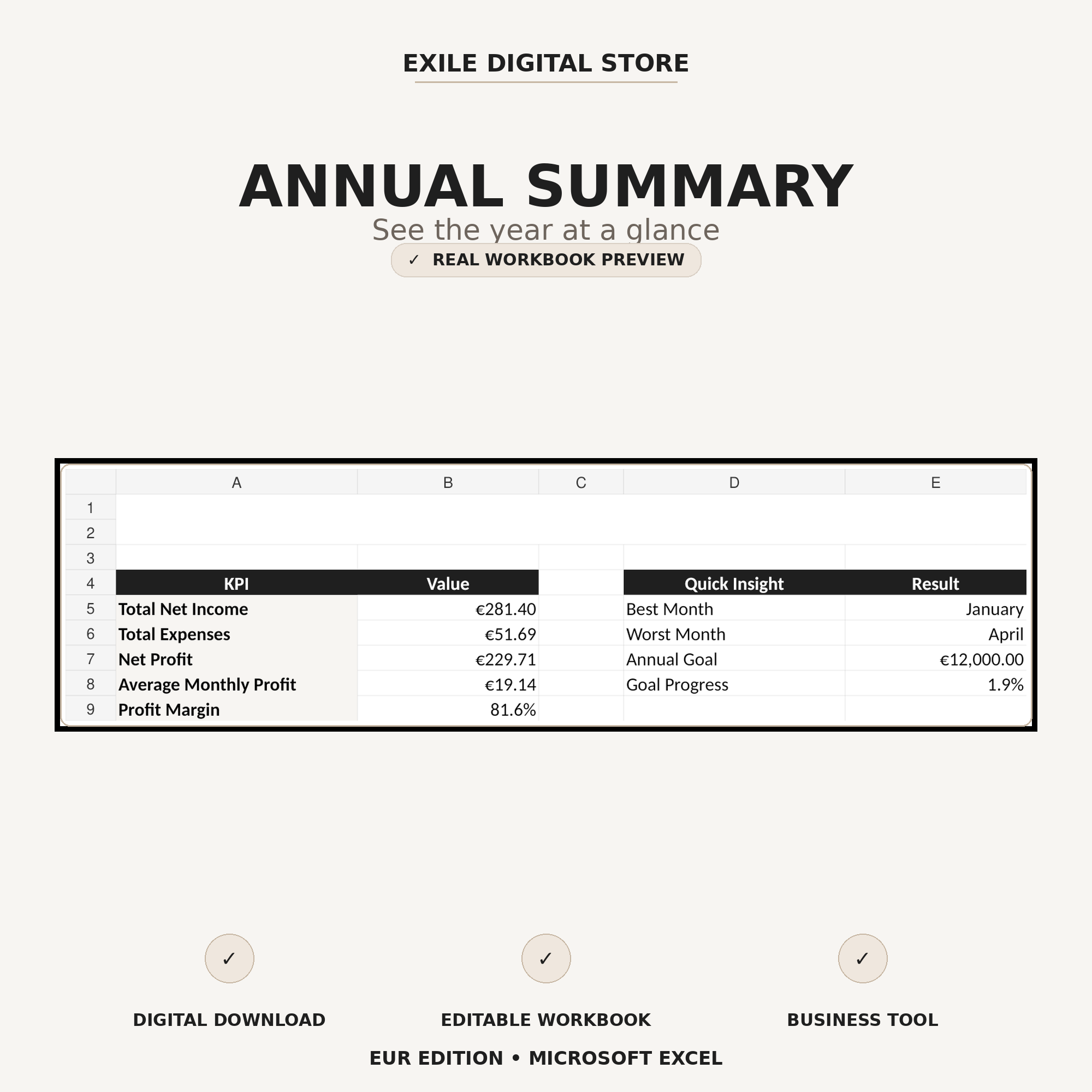 Small Business Finance Tracker annual summary workbook preview