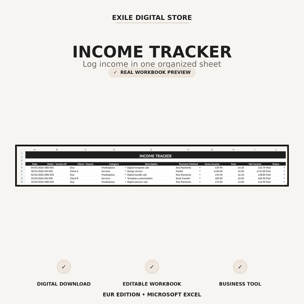 Small Business Finance Tracker income tracker workbook preview