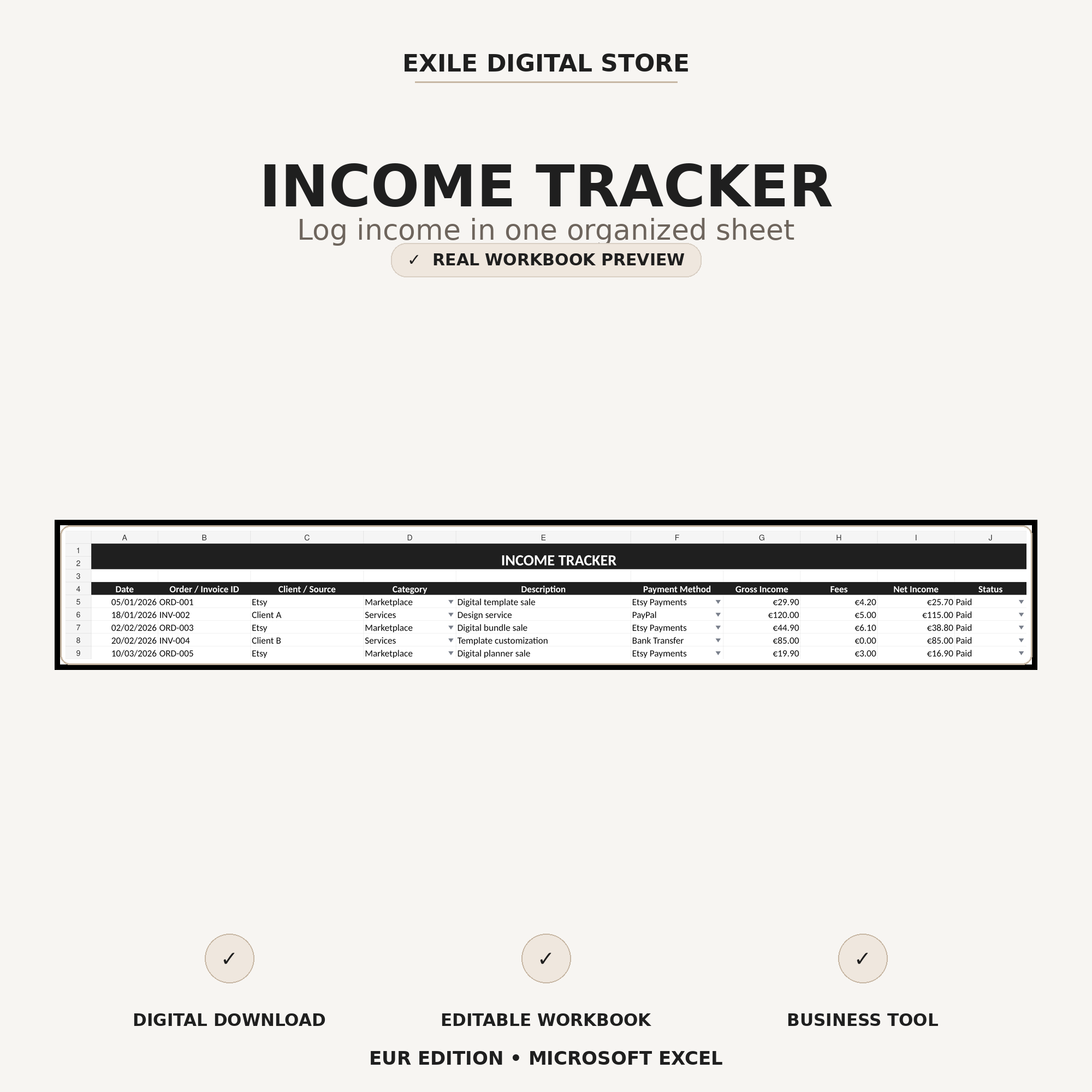 Small Business Finance Tracker income tracker workbook preview