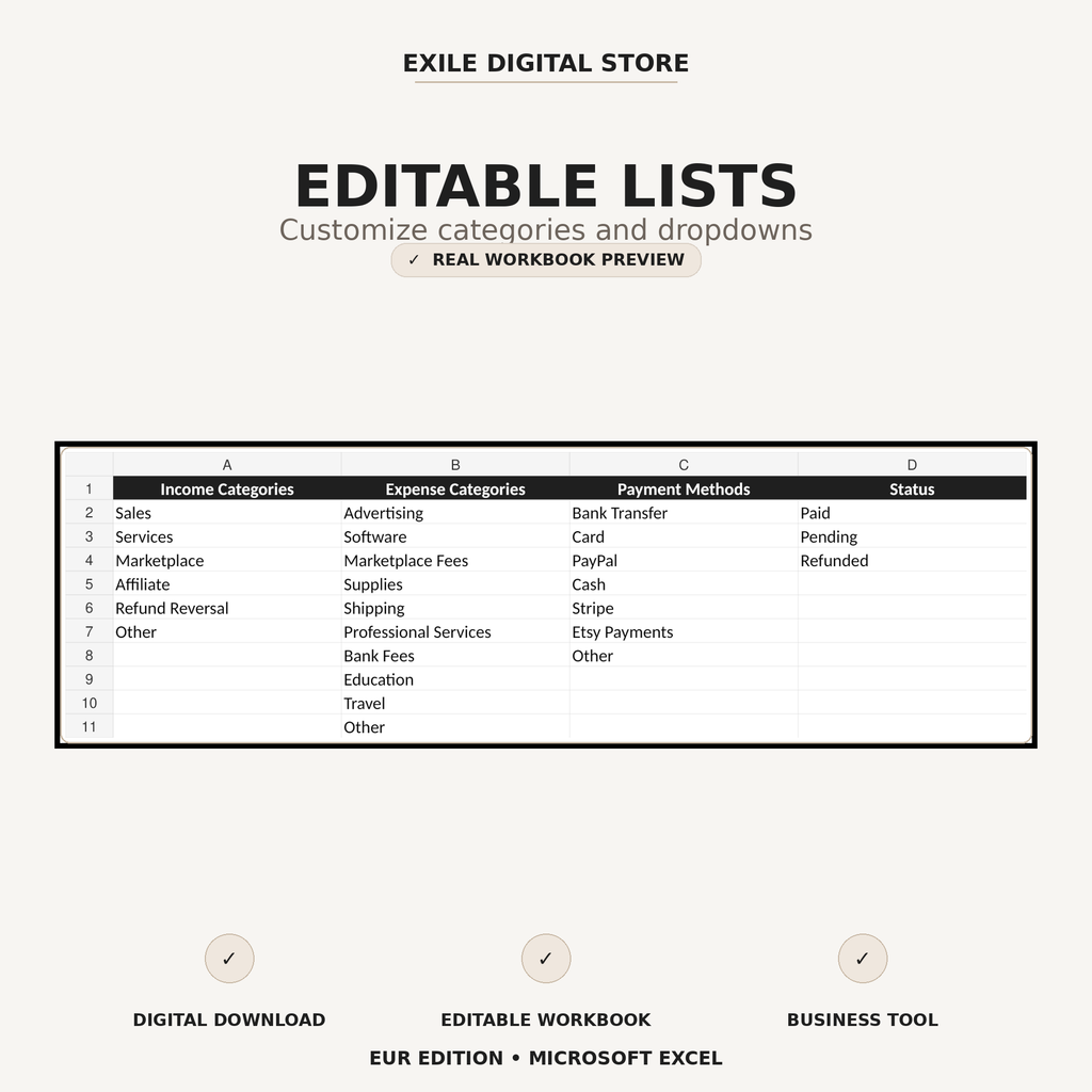 Editable category and payment method lists in the Small Business Finance Tracker