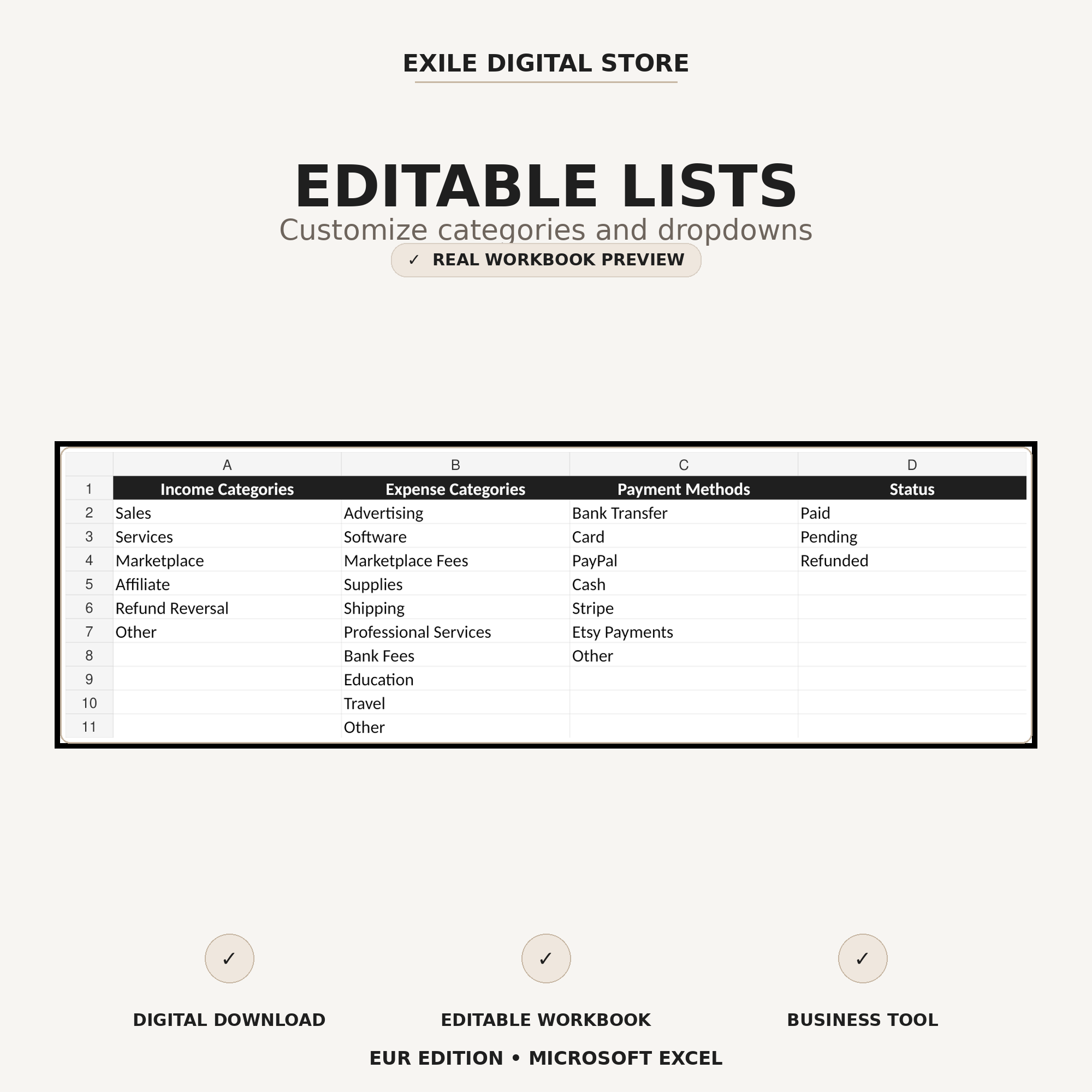 Editable category and payment method lists in the Small Business Finance Tracker