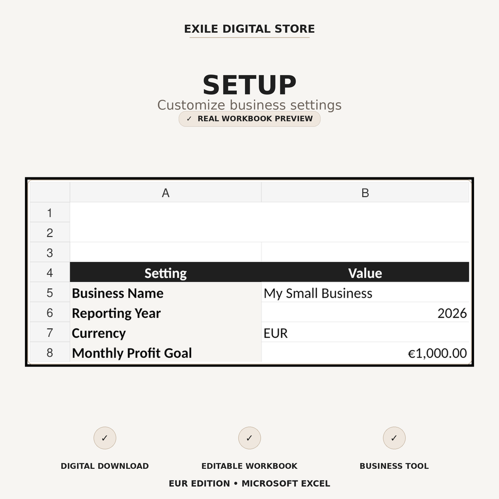 Small Business Finance Tracker setup sheet in Microsoft Excel