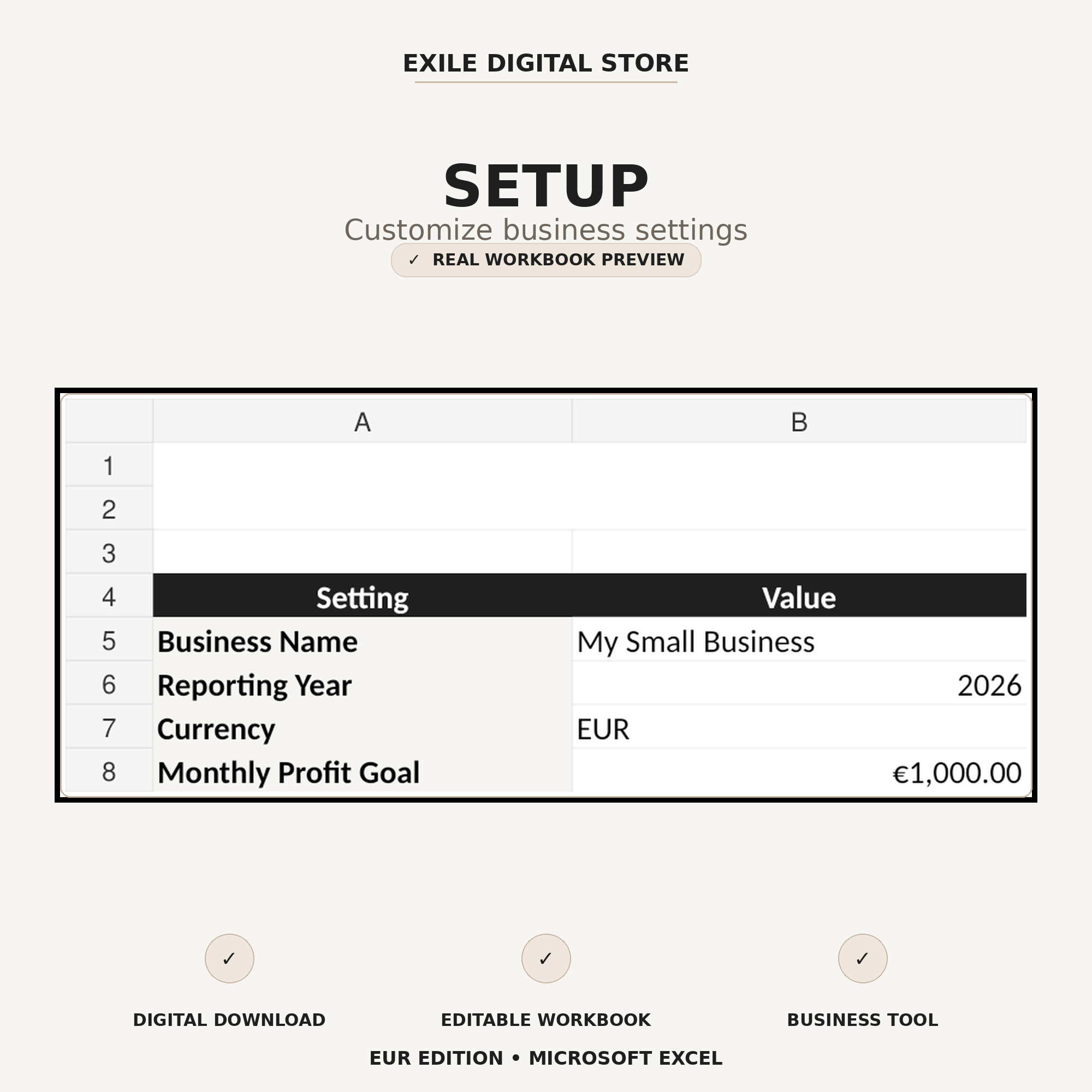 Small Business Finance Tracker setup sheet in Microsoft Excel