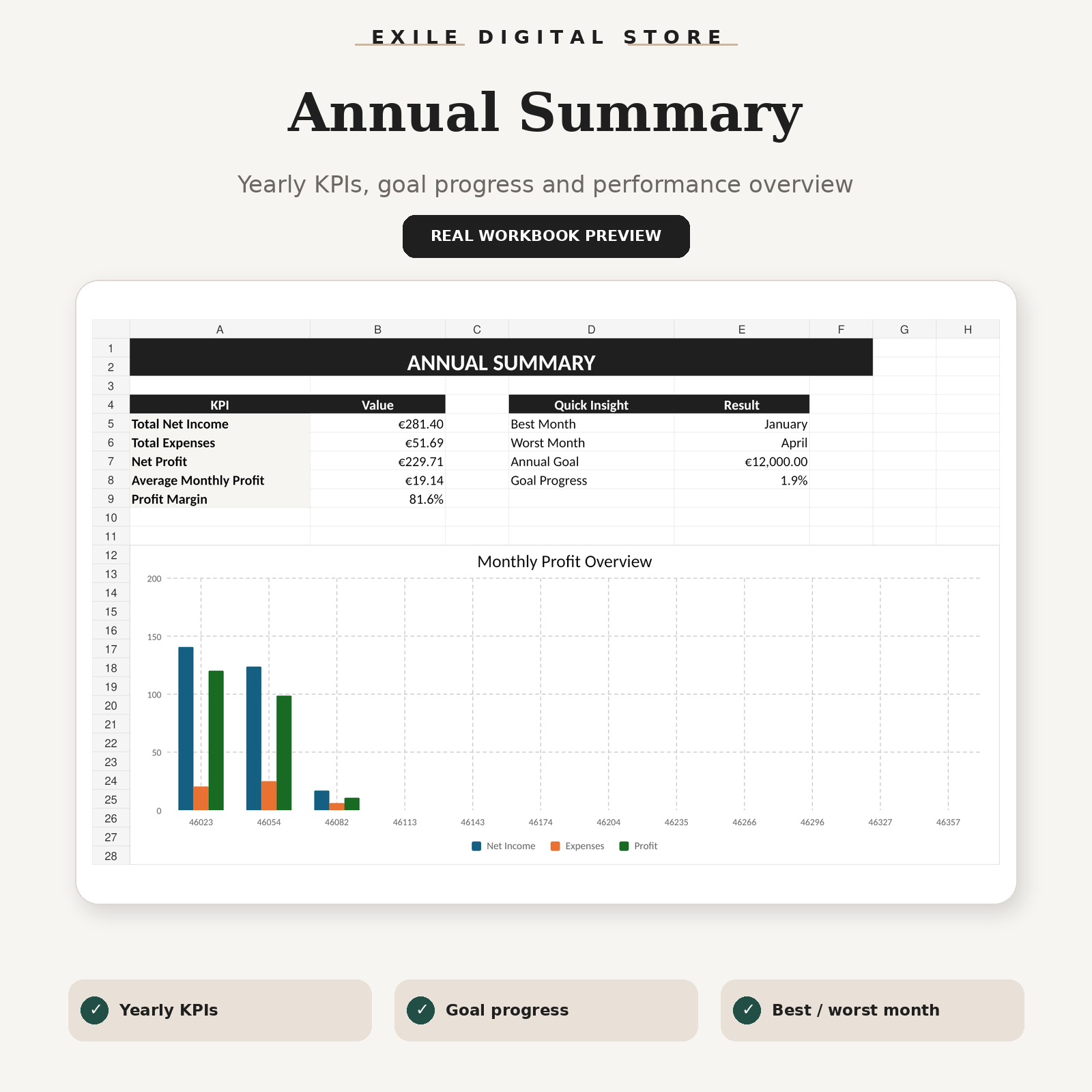 Small Business Finance Tracker real annual summary workbook preview