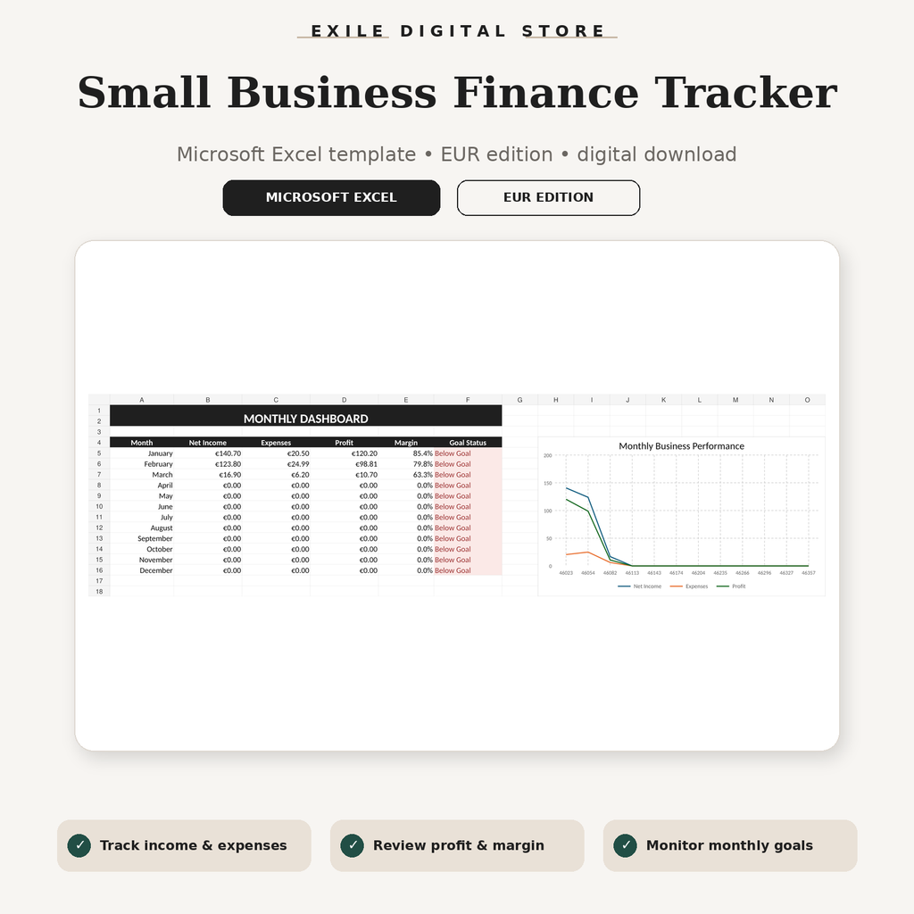 EXILE Small Business Finance Tracker with real Excel monthly dashboard preview