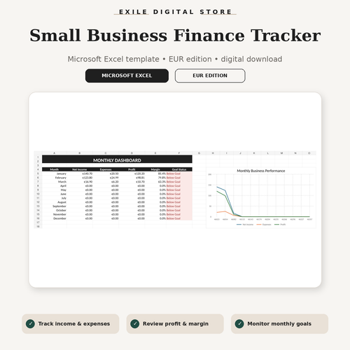 EXILE Small Business Finance Tracker with real Excel monthly dashboard preview