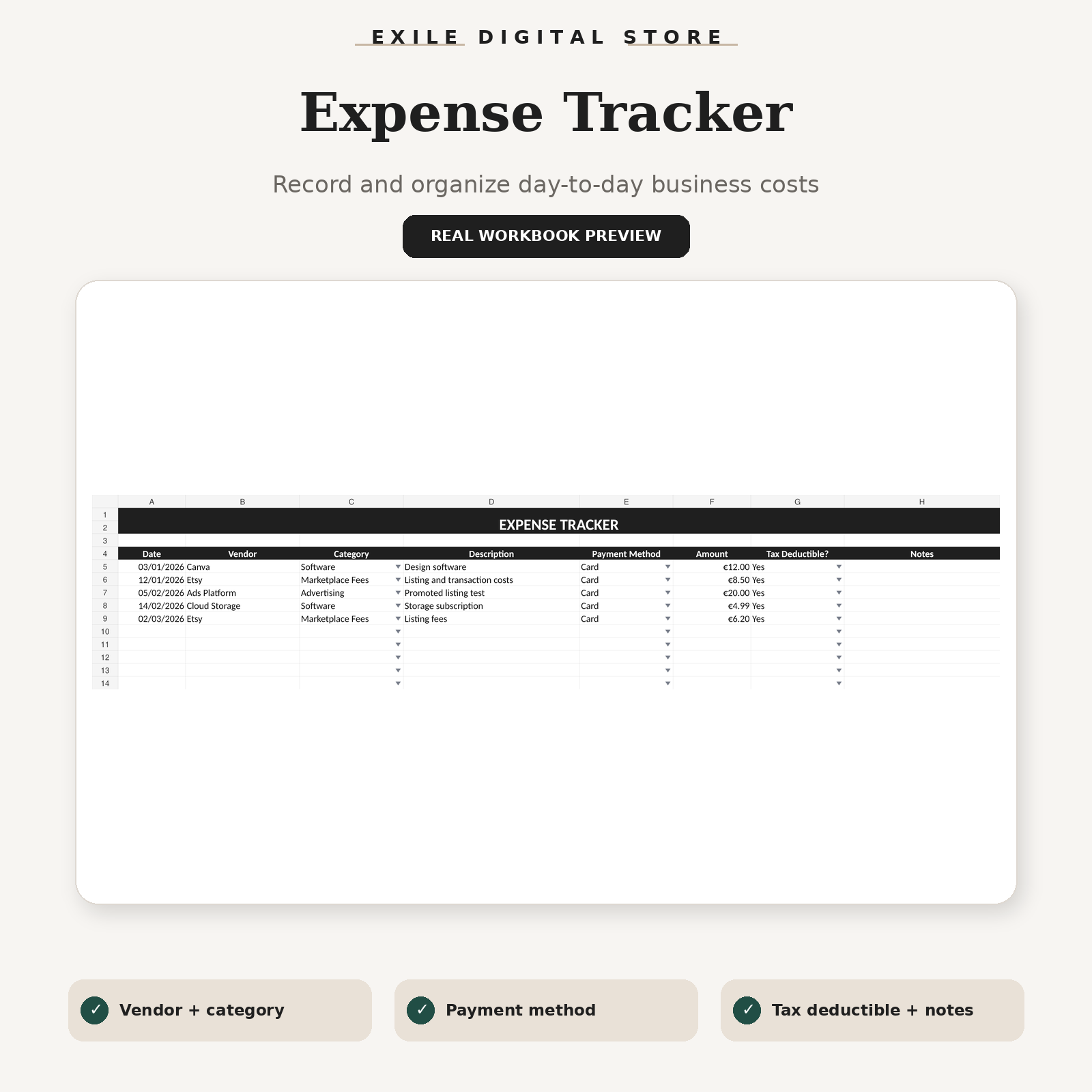 Small Business Finance Tracker real expense tracker workbook preview