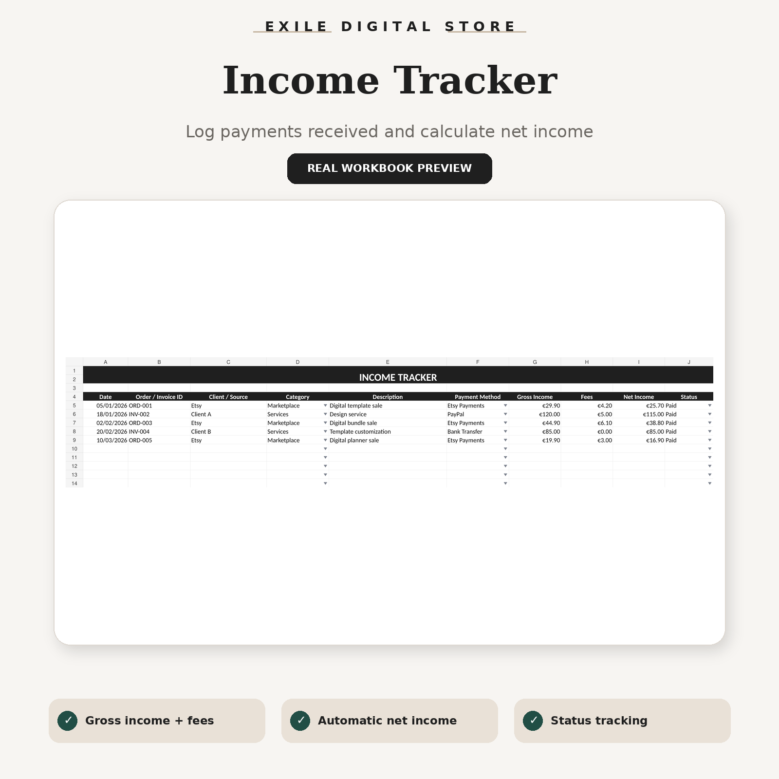 Small Business Finance Tracker real income tracker workbook preview
