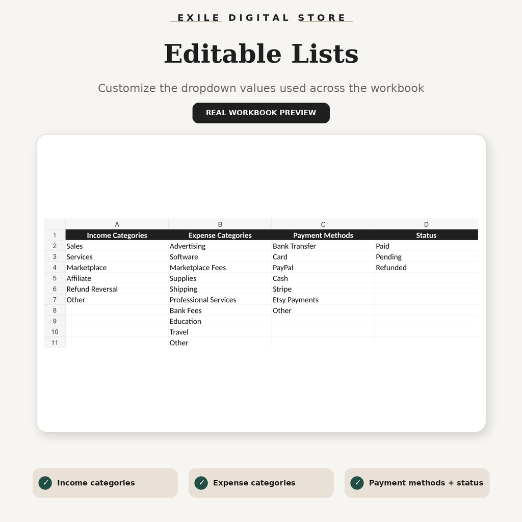 Small Business Finance Tracker editable lists sheet with categories payment methods and status