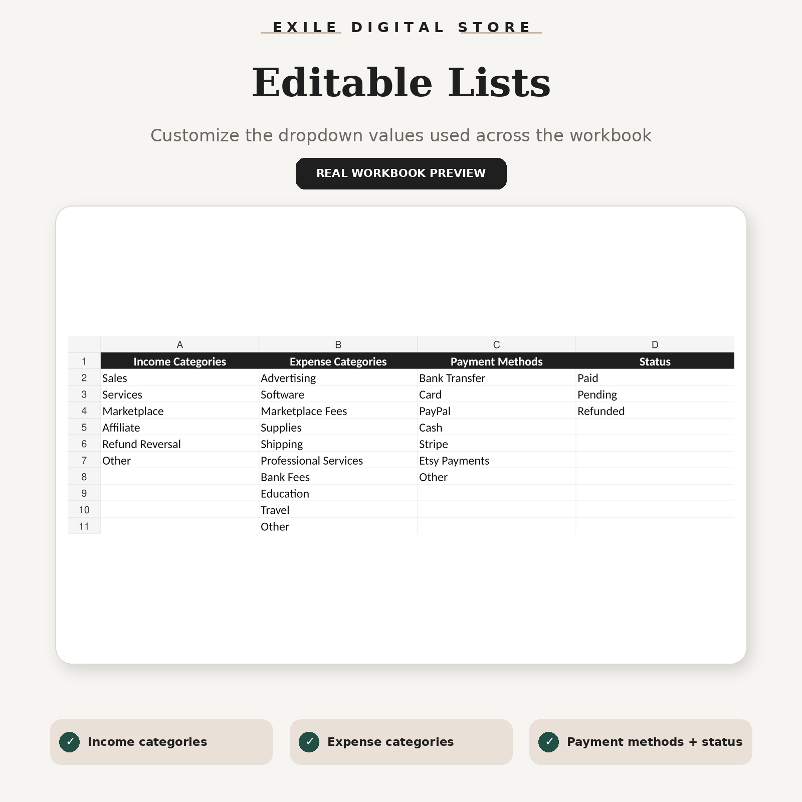 Small Business Finance Tracker editable lists sheet with categories payment methods and status