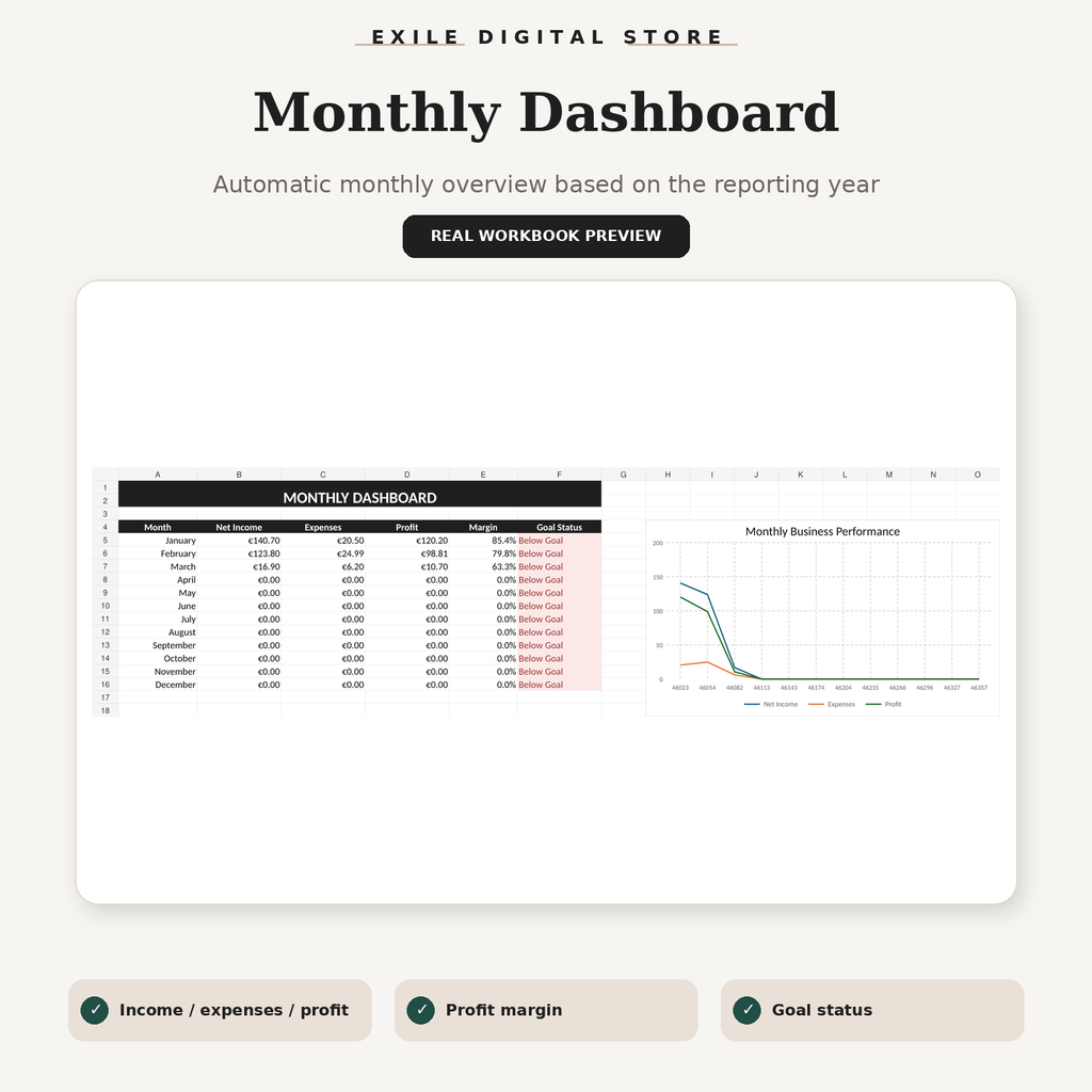 Small Business Finance Tracker real monthly dashboard workbook preview