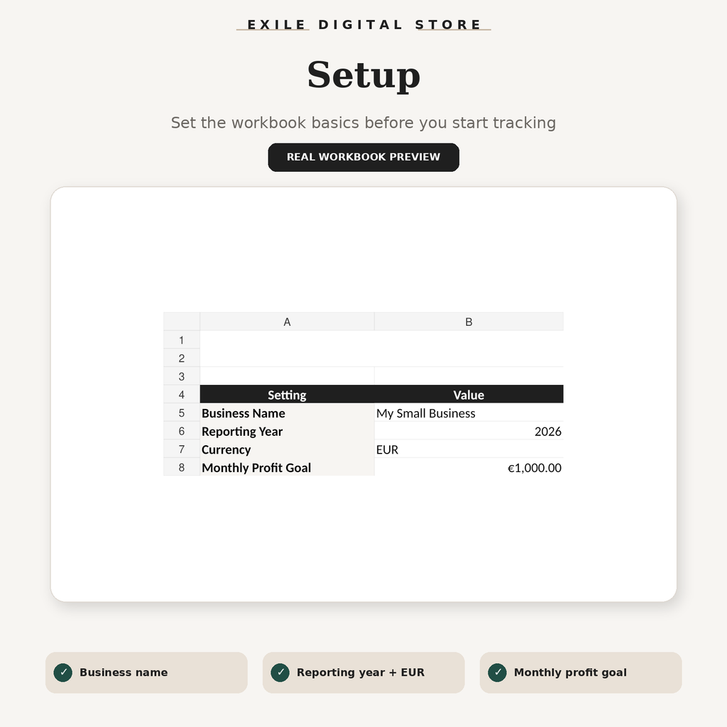 Small Business Finance Tracker real setup sheet workbook preview