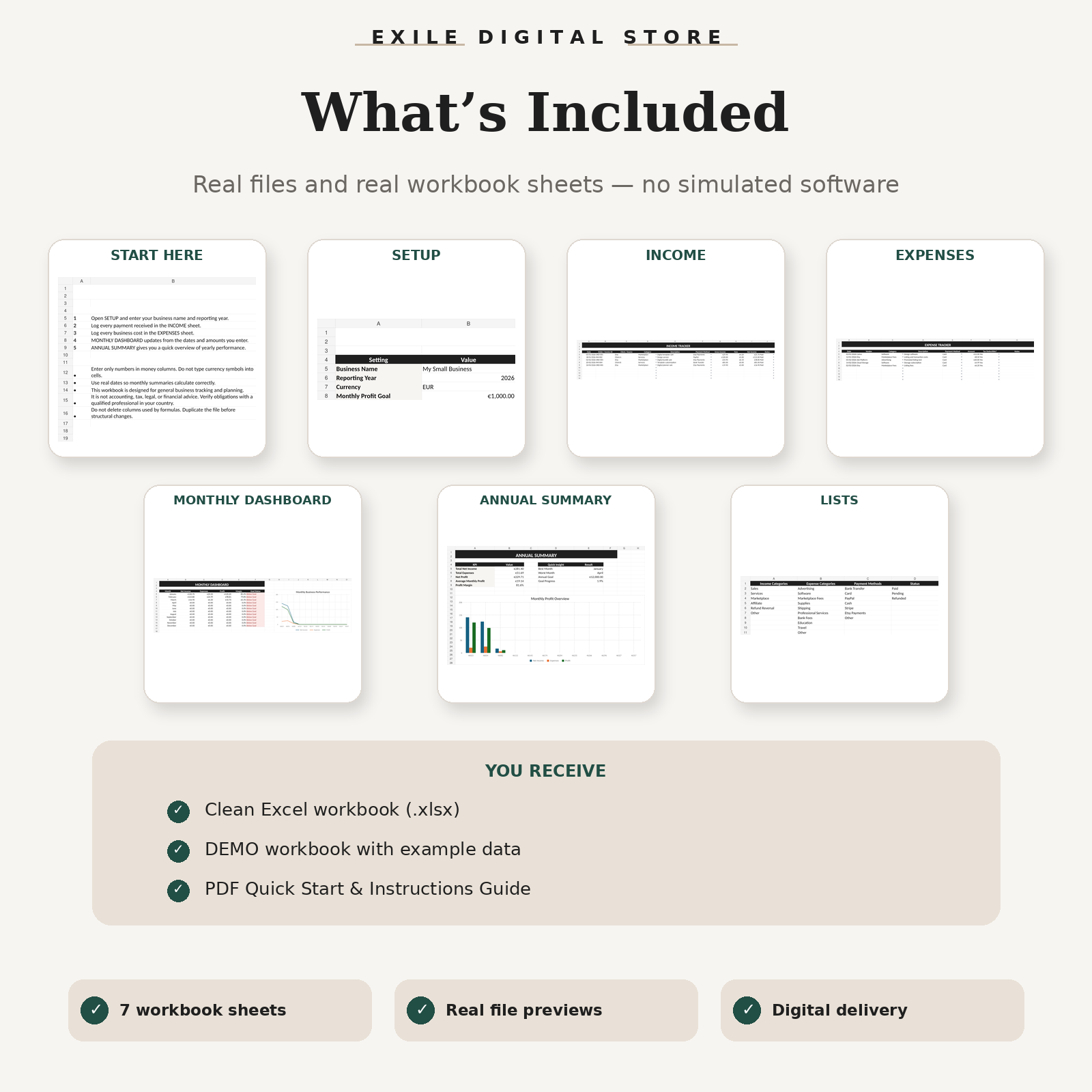 Small Business Finance Tracker contents with seven real workbook sheet previews