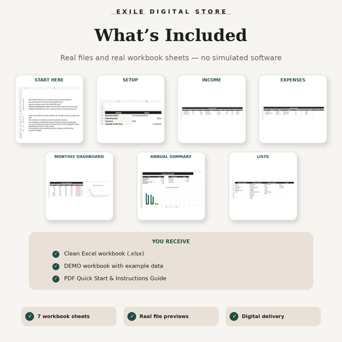 Small Business Finance Tracker contents with seven real workbook sheet previews