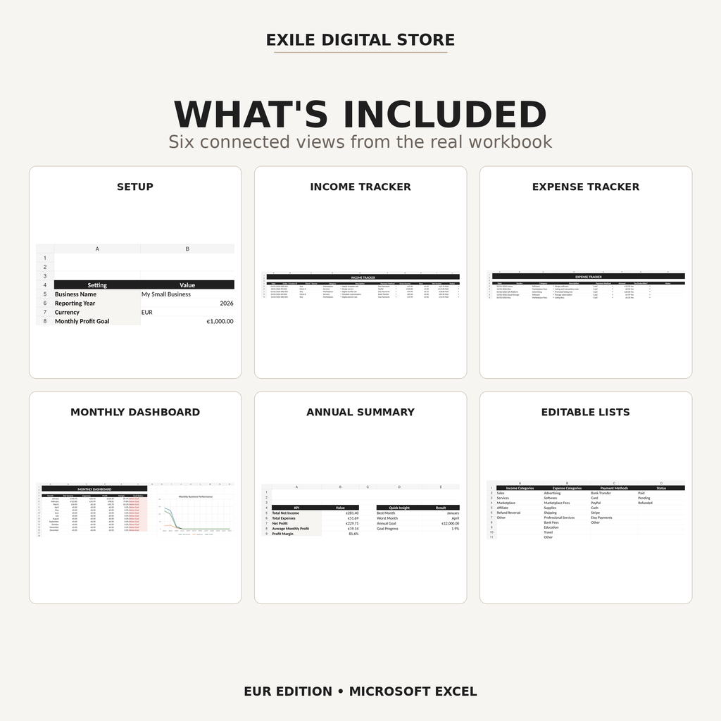 Small Business Finance Tracker workbook sheets overview