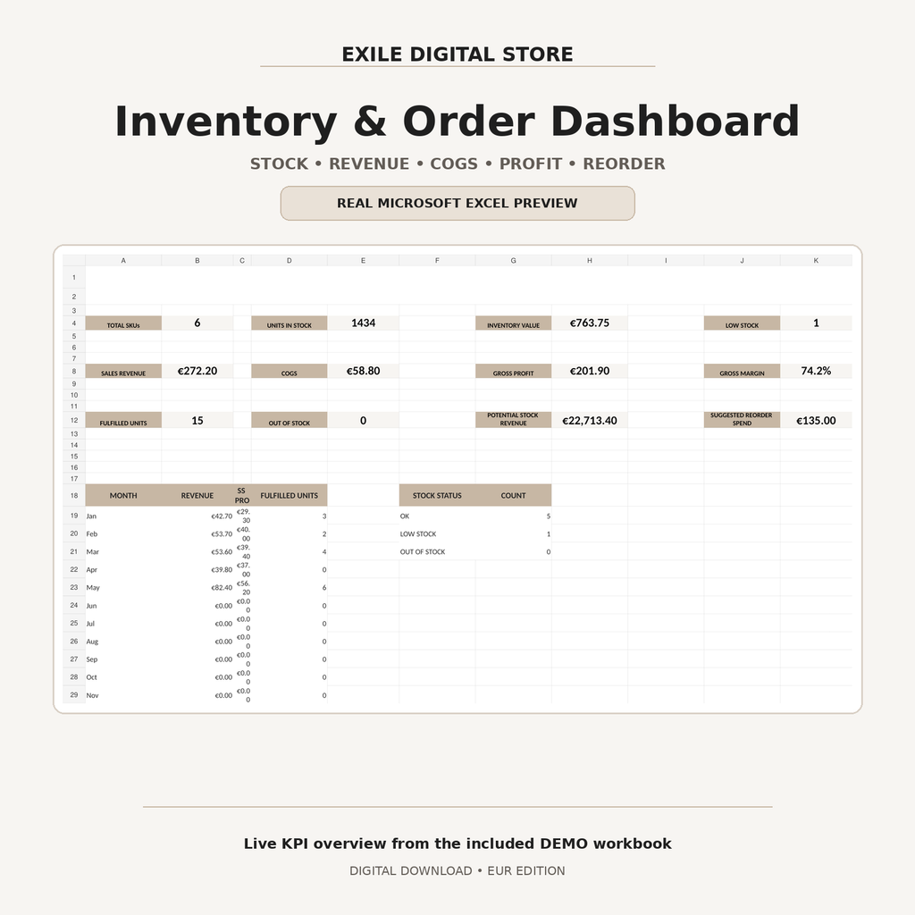EXILE Inventory and Order Tracker real Microsoft Excel dashboard preview