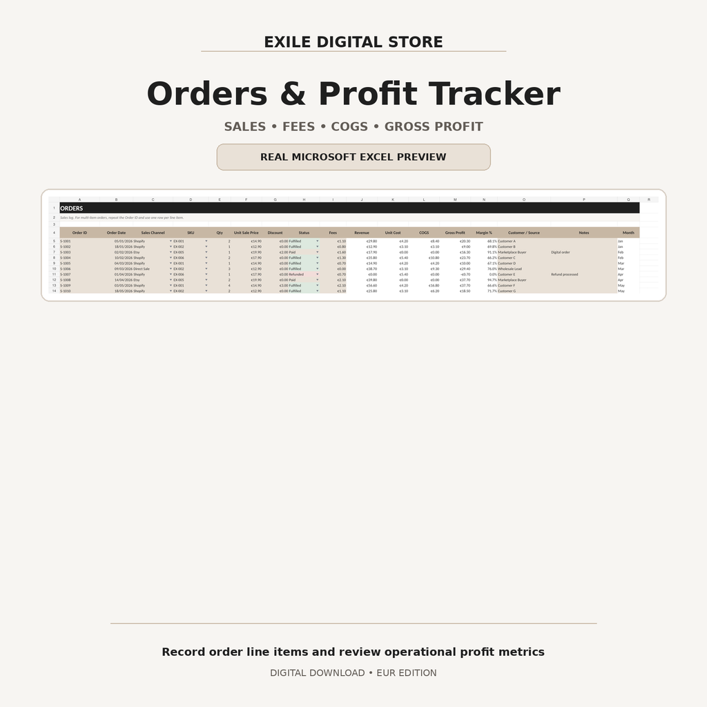 EXILE Inventory and Order Tracker real orders COGS and gross profit Excel preview