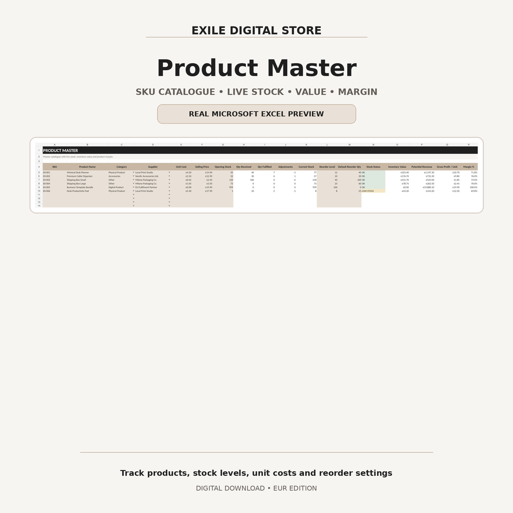EXILE Inventory and Order Tracker real Product Master Excel preview
