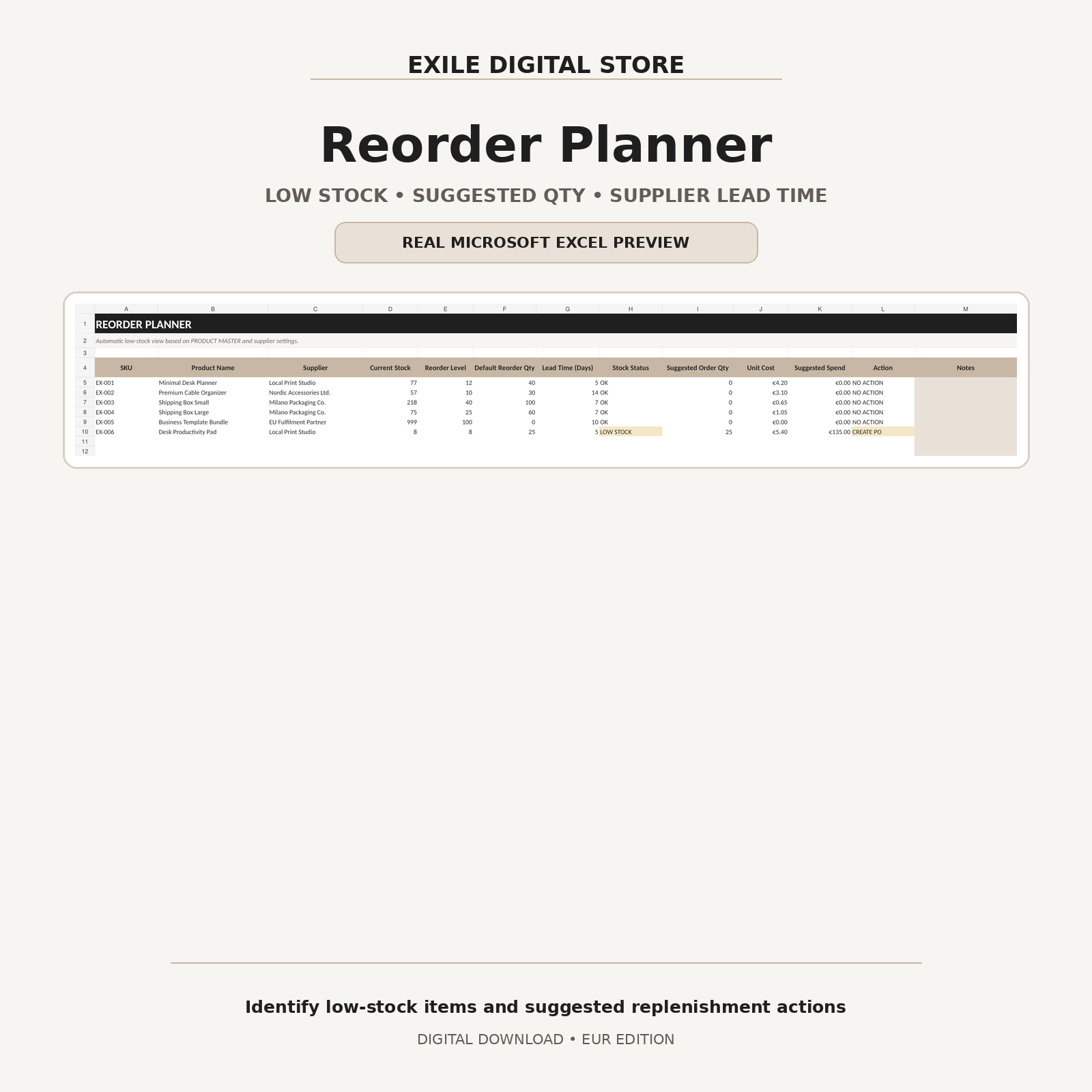 EXILE Inventory and Order Tracker real reorder planner Excel preview