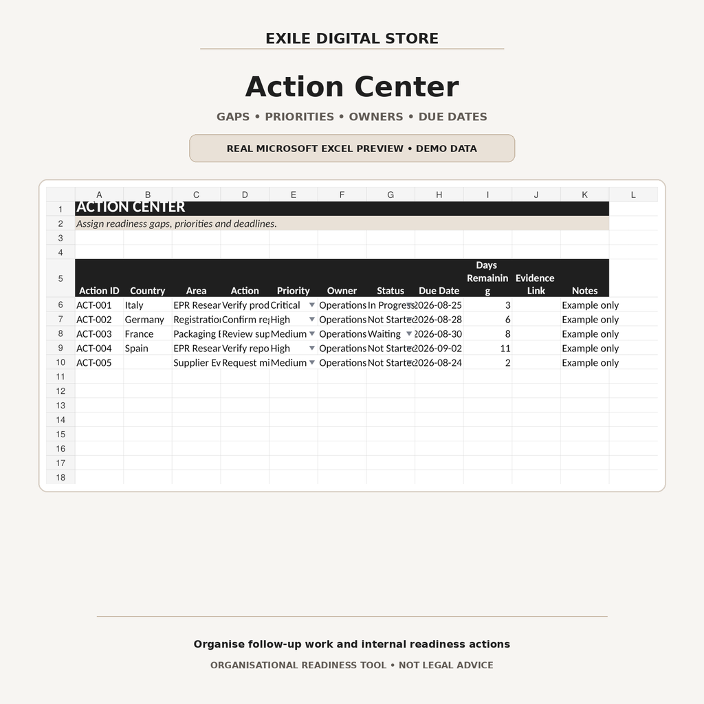 EXILE Excel action center preview