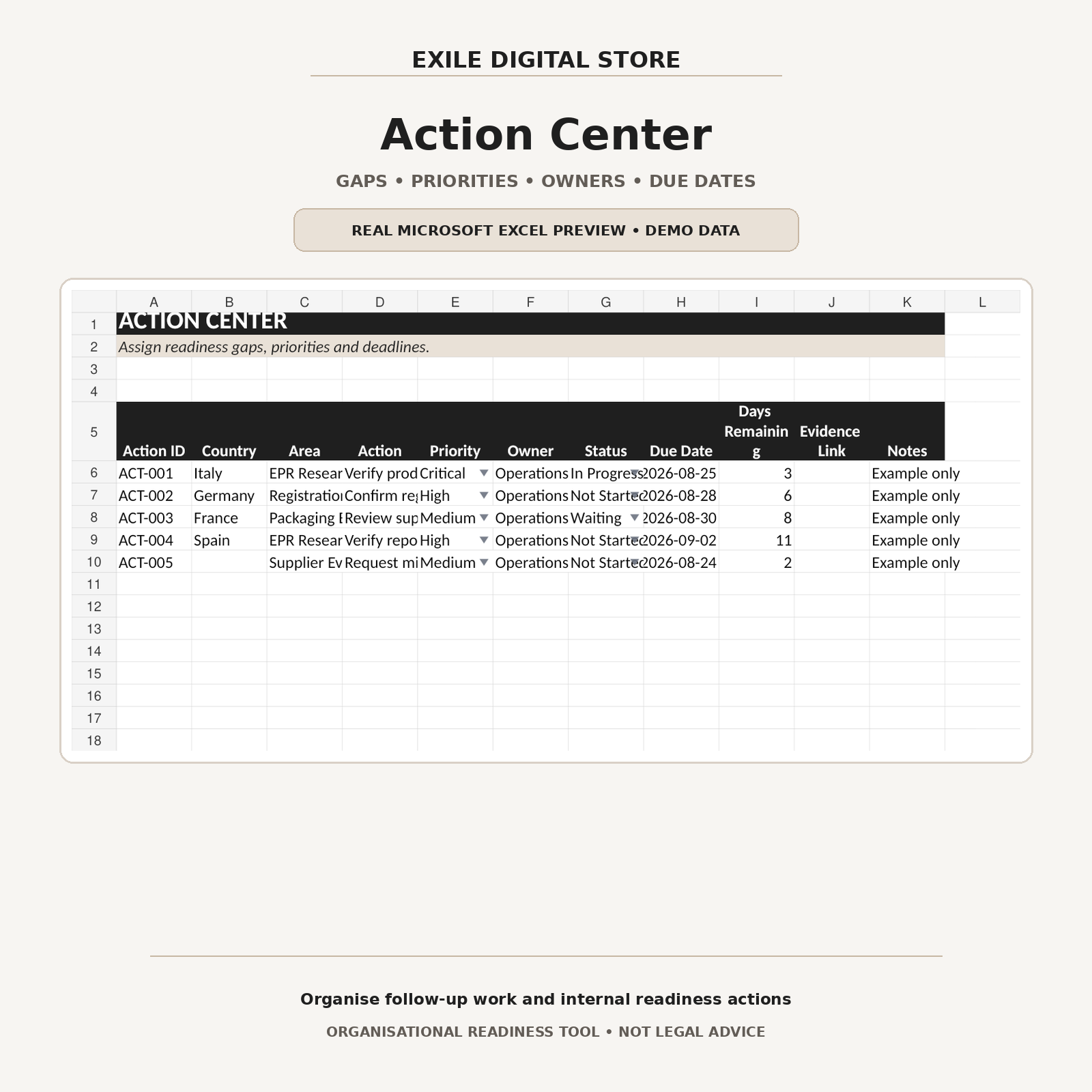 EXILE Excel action center preview