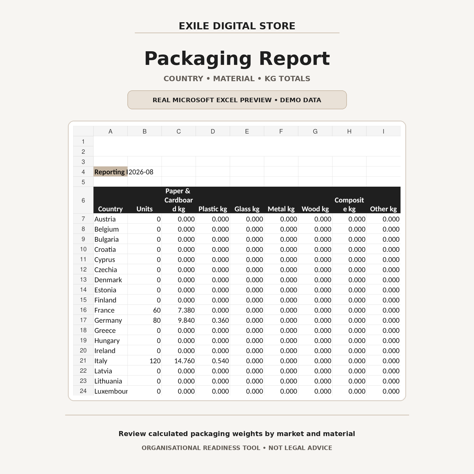 EXILE Excel packaging report preview