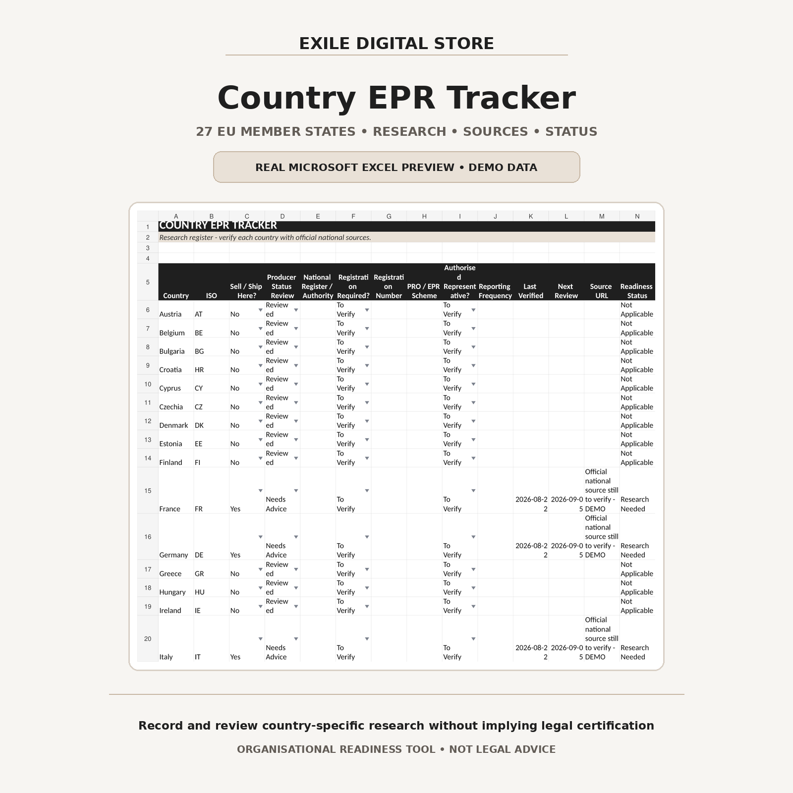 EXILE PPWR and Packaging EPR real country EPR research tracker Excel preview