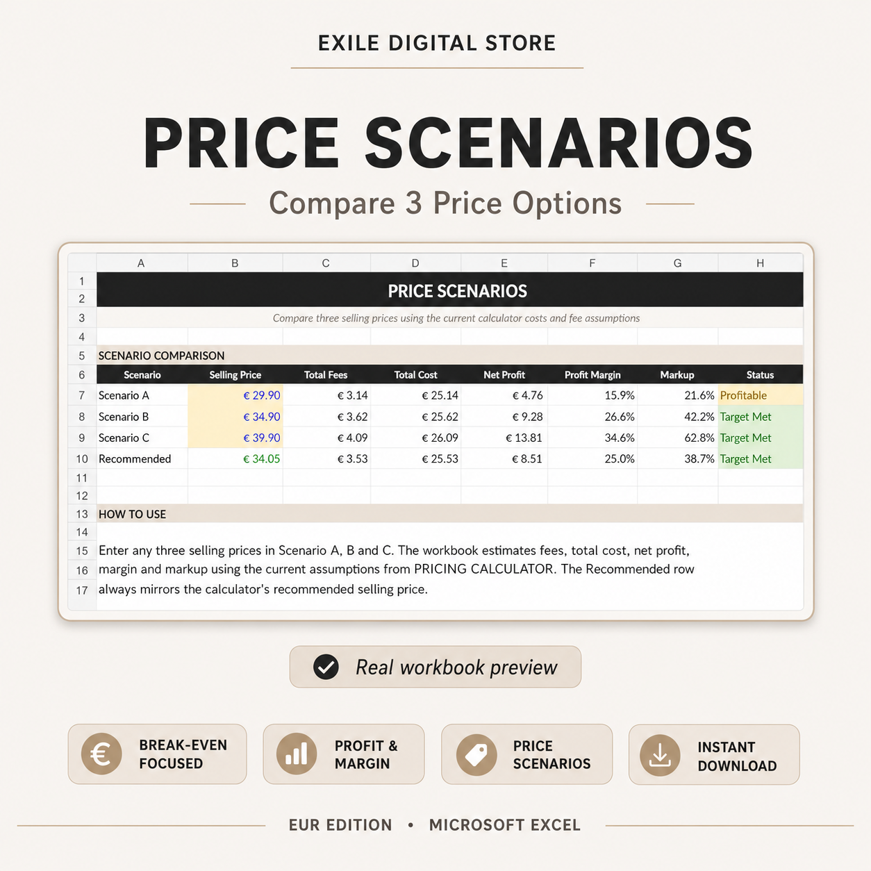 Product Pricing Calculator price scenarios comparison in Microsoft Excel