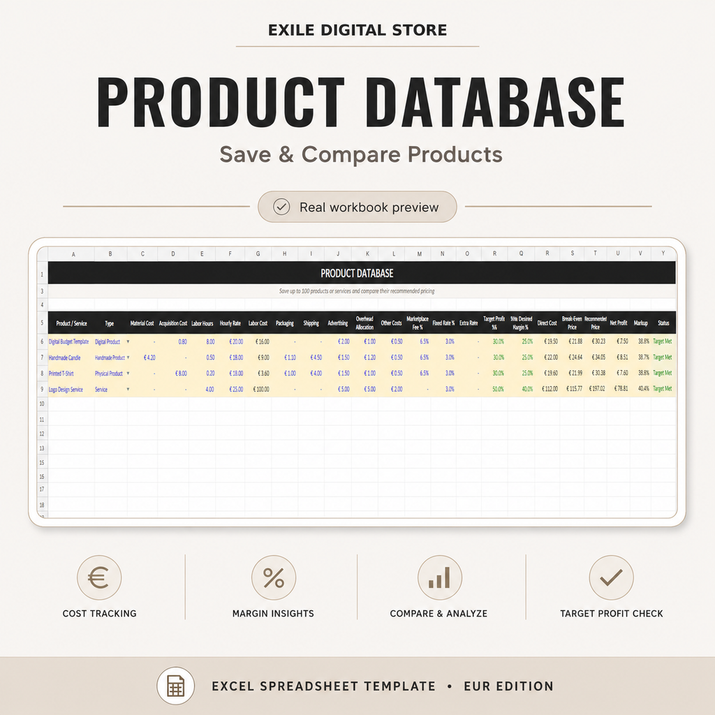 Product database for saving and comparing pricing in the Excel calculator
