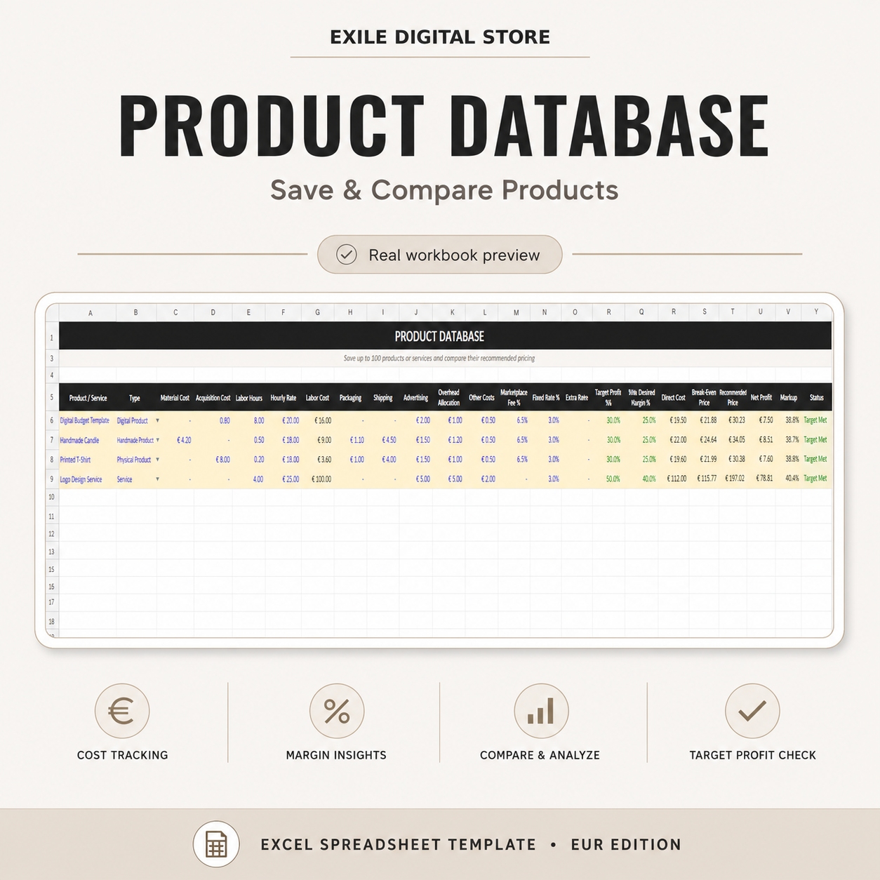Product database for saving and comparing pricing in the Excel calculator