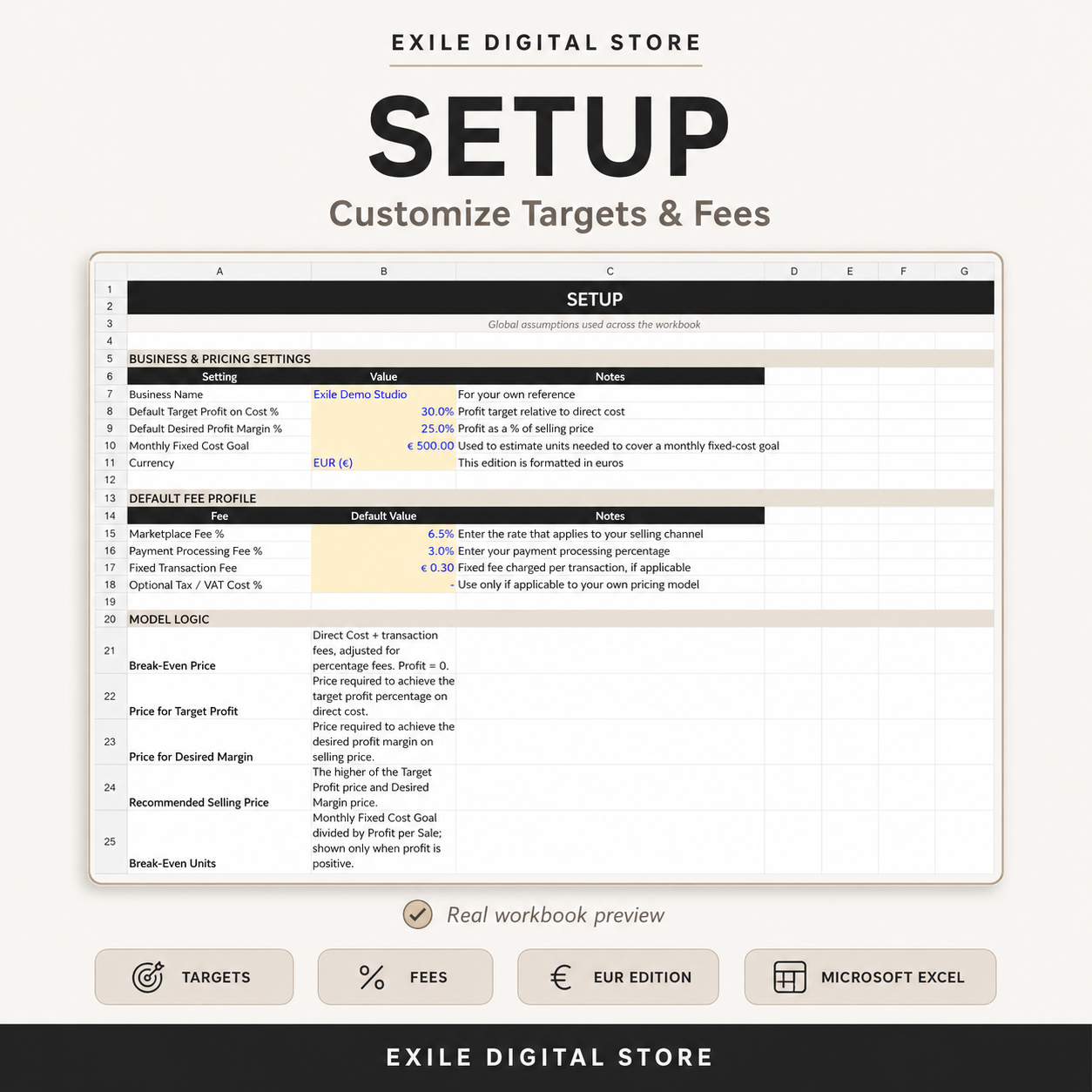 Product Pricing Calculator setup sheet for targets and fee assumptions