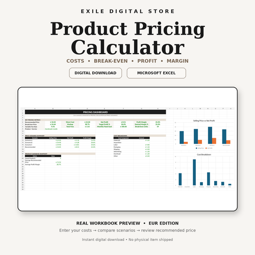 EXILE Product Pricing Calculator with real Microsoft Excel pricing dashboard preview