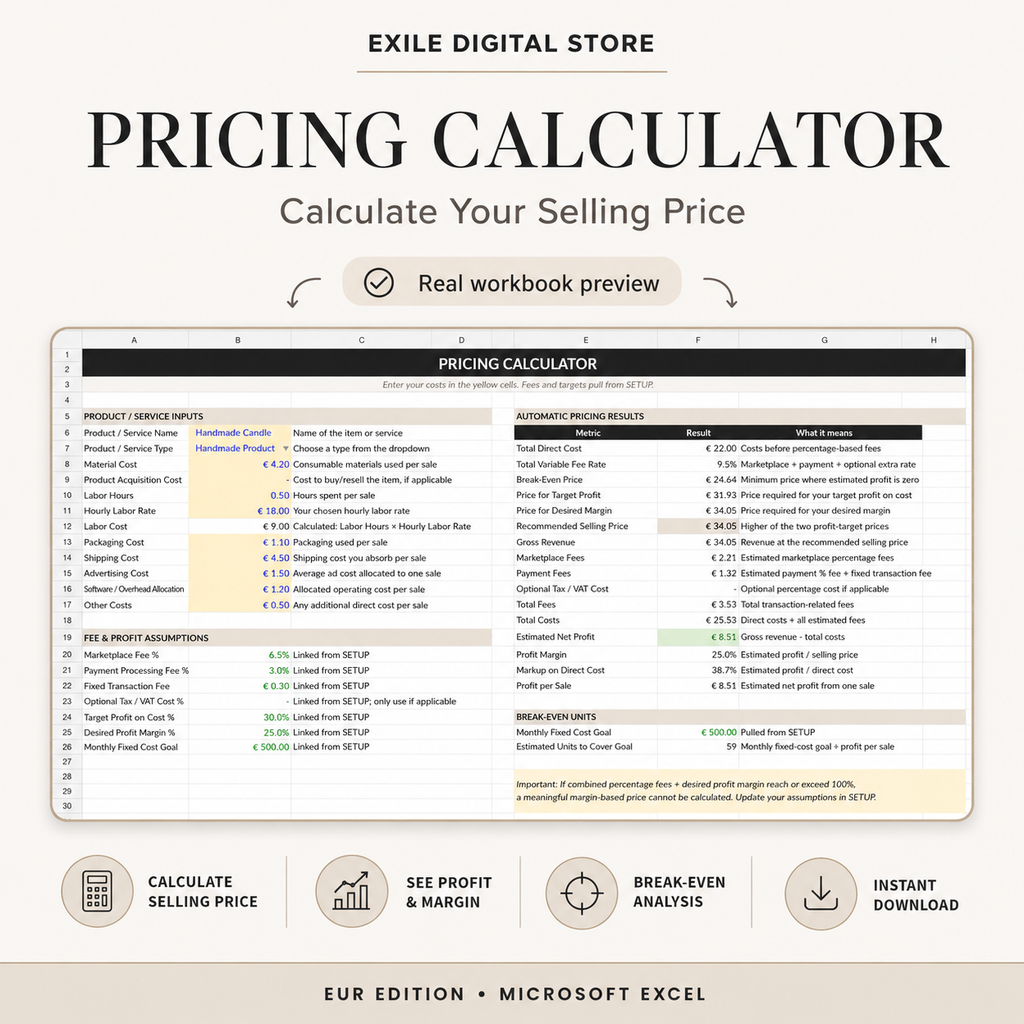 Real Microsoft Excel Product Pricing Calculator workbook preview